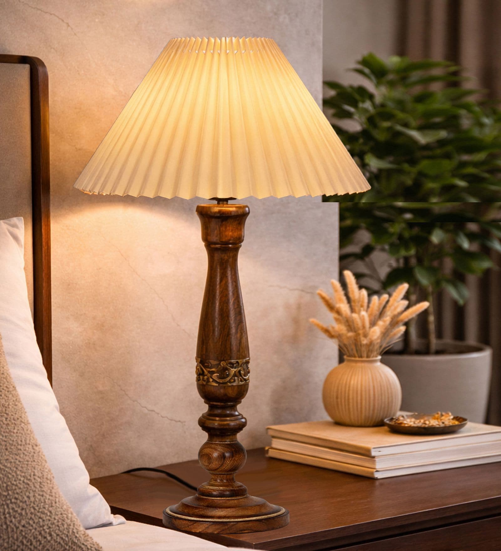 Floral Carved Wood Table Lamp with Pleated Shade for Bedroom & Home D cor