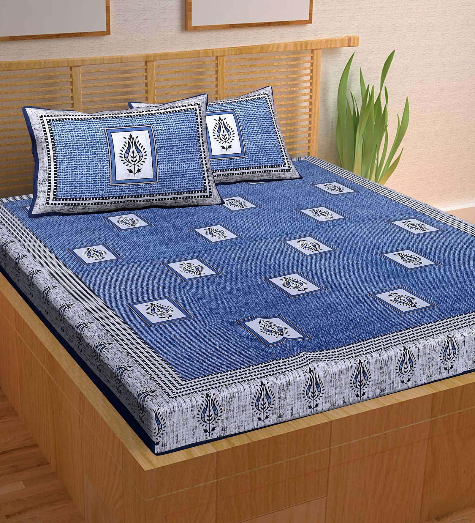 Buy Blue Traditional 144 Tc 100 Cotton King Sized Bed Sheets With 2 Pillow Covers By A Unique 