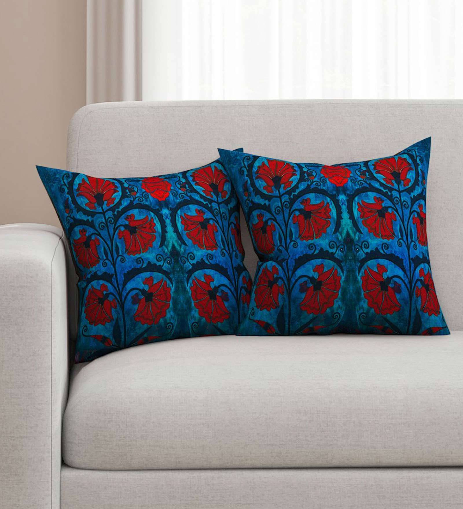 Blue - Applique Quilted Cotton Cushion Cover (16 x 16 in)