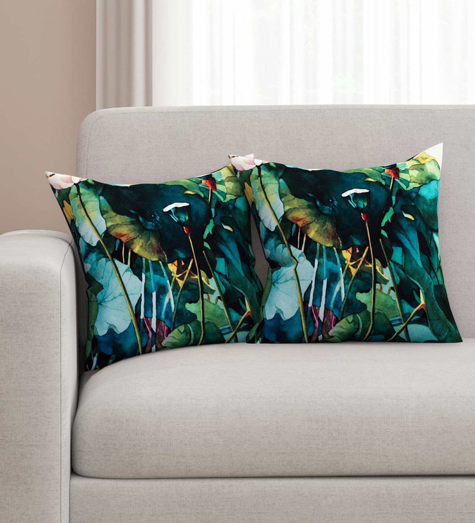 Green Floral Cotton 16 x 16 Inches Cushion Covers (Set of 2)