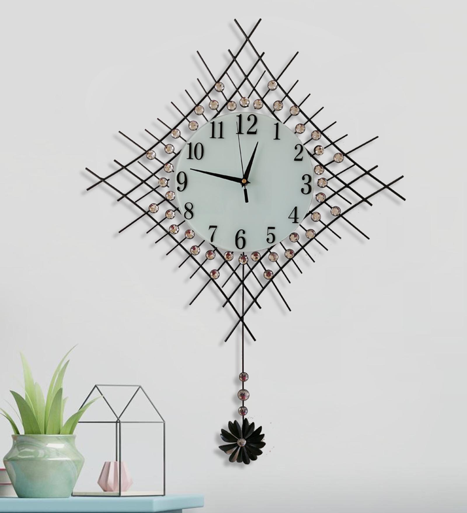 Black Fibre Floral Diamond Pendulum Wall Clock