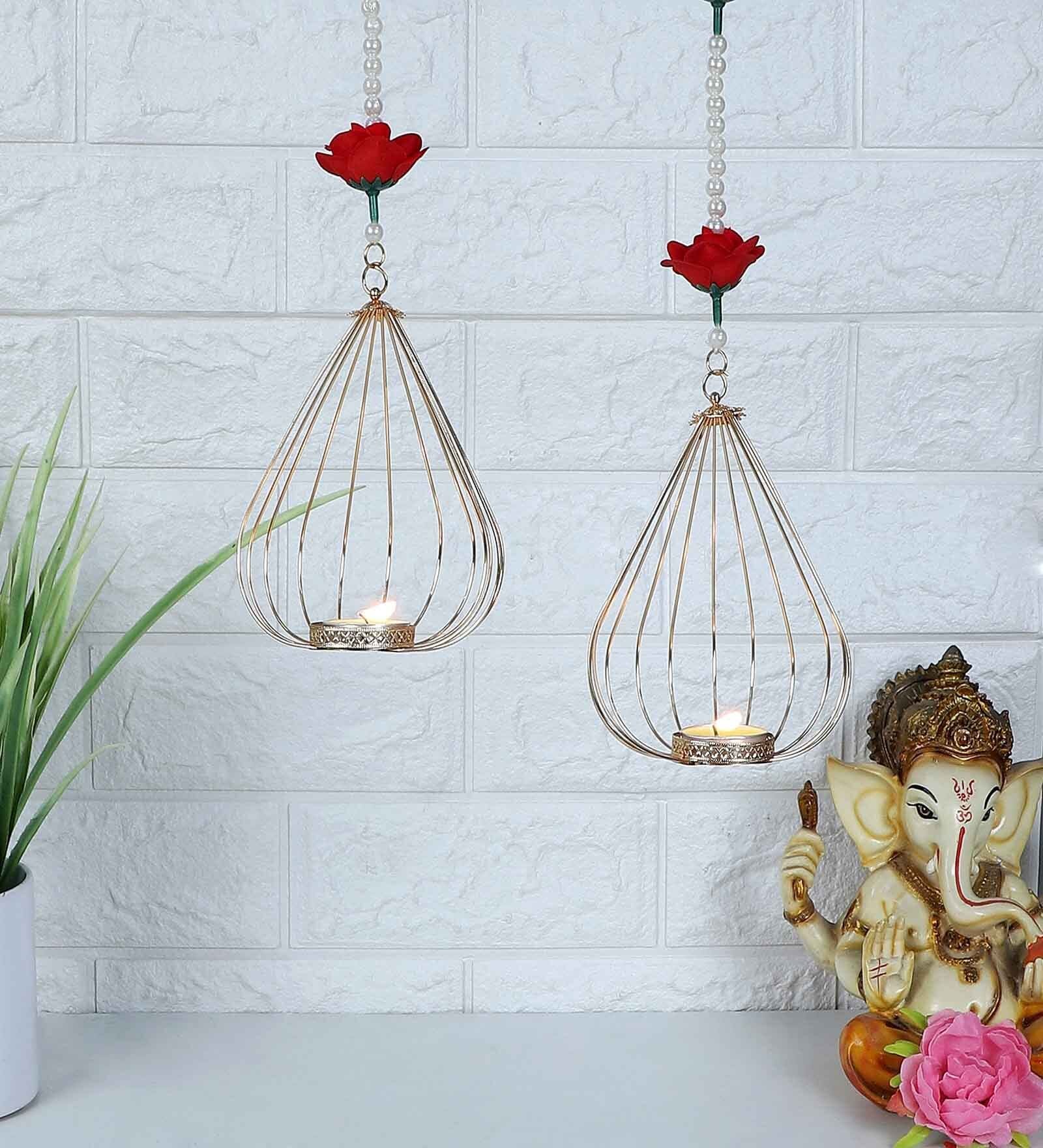 Floral Door Set of 2 Golden Metal Hanging Tea Light Holder