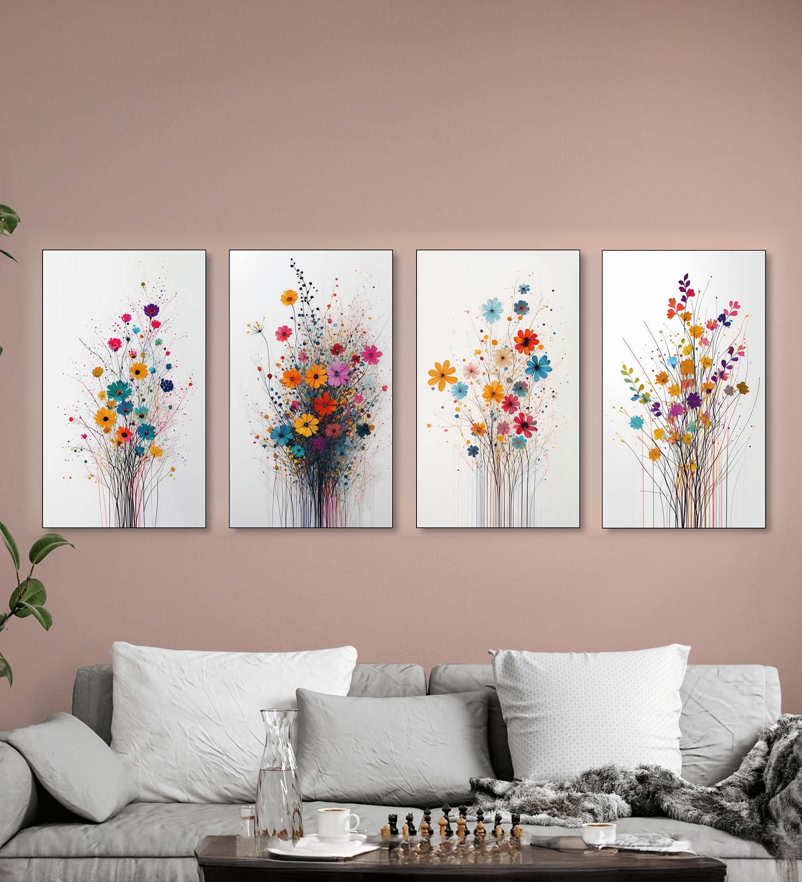 Floral Set of 4 Canvas Wall Painting Black Frame