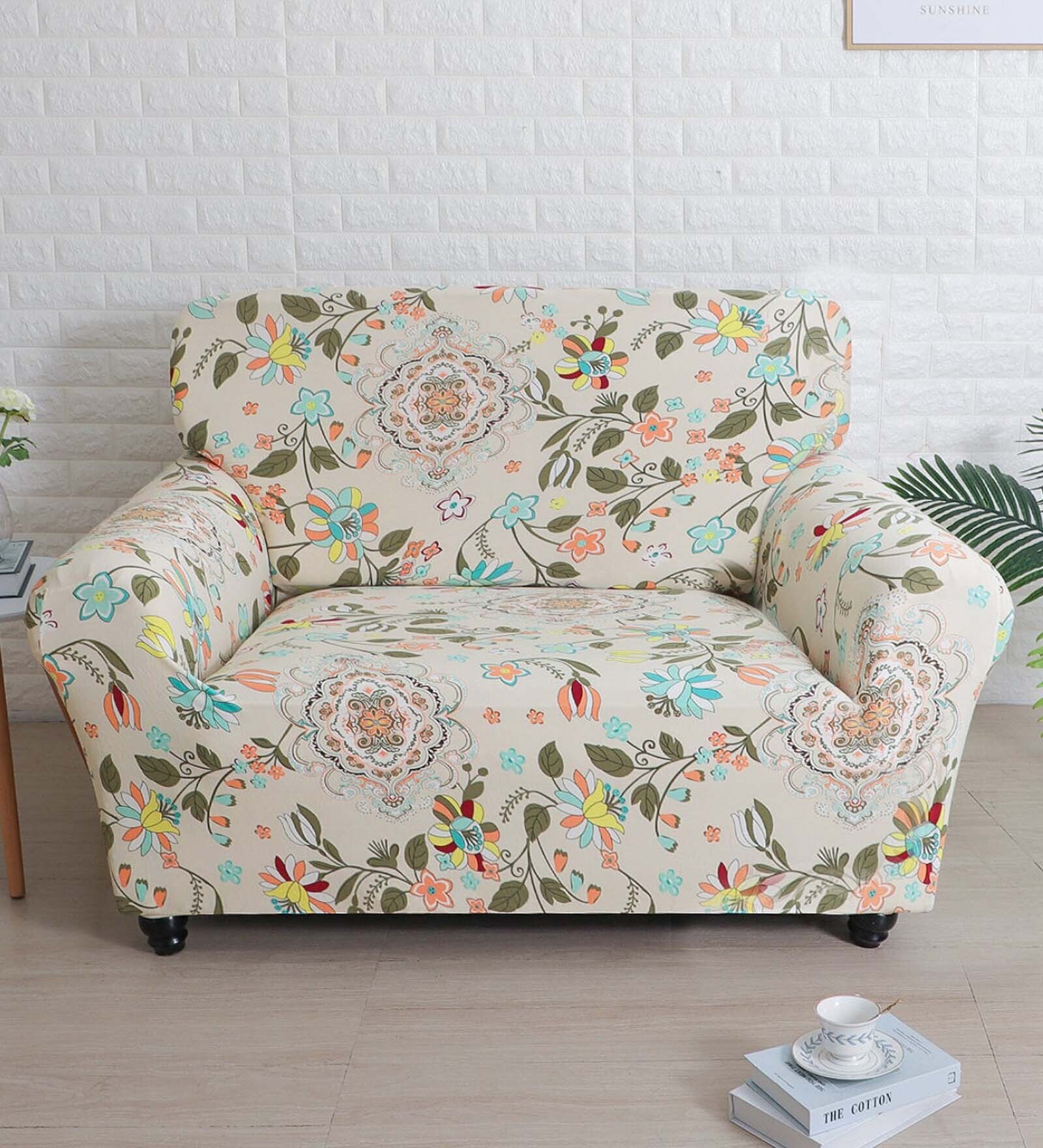 Buy Off White Floral Elegance Fitted Polyester 73x35 Inches 2 Seater