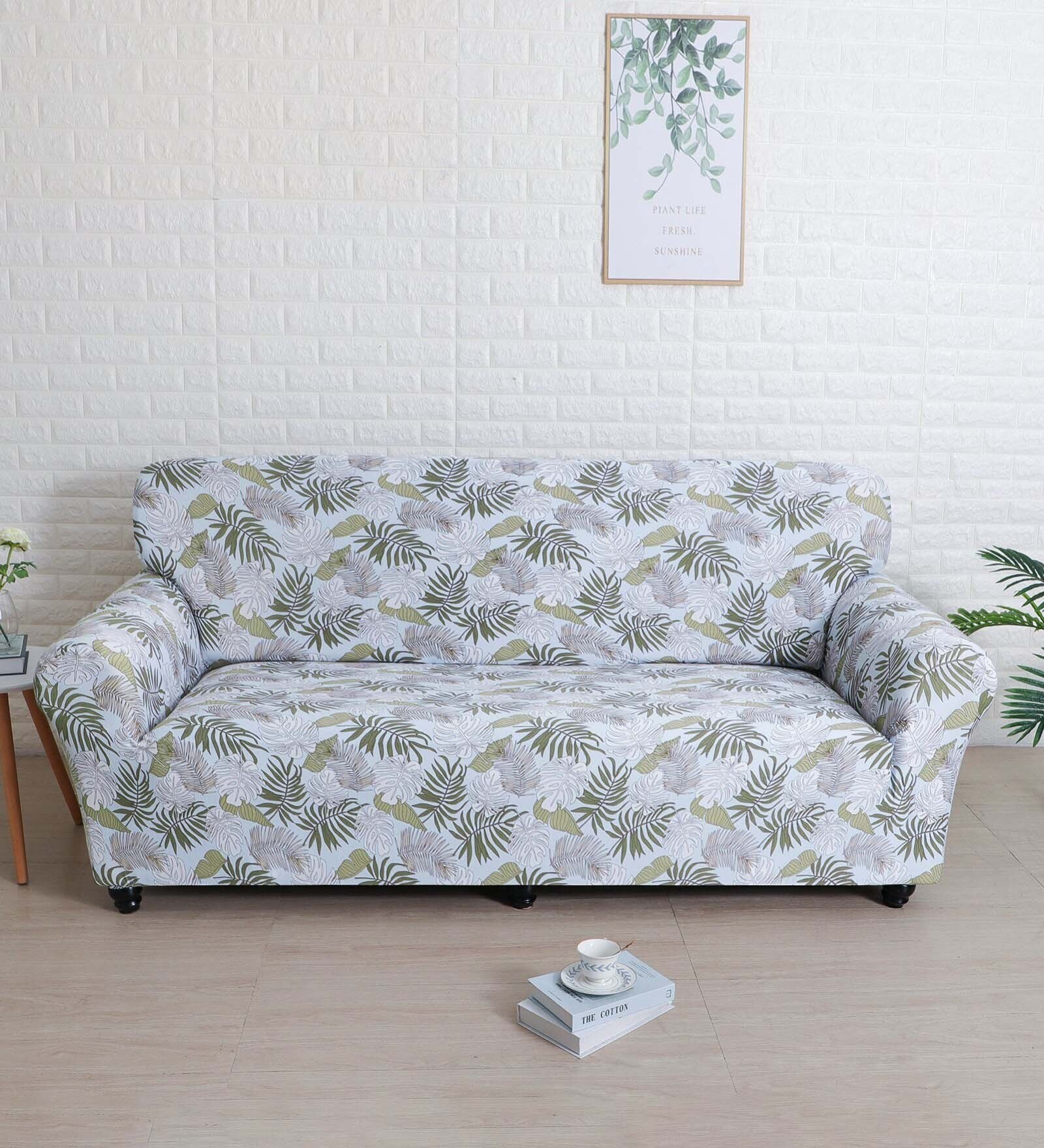 Off White Floral Elegance Fitted Polyester 91x31 Inches 3 Seater Sofa Cover