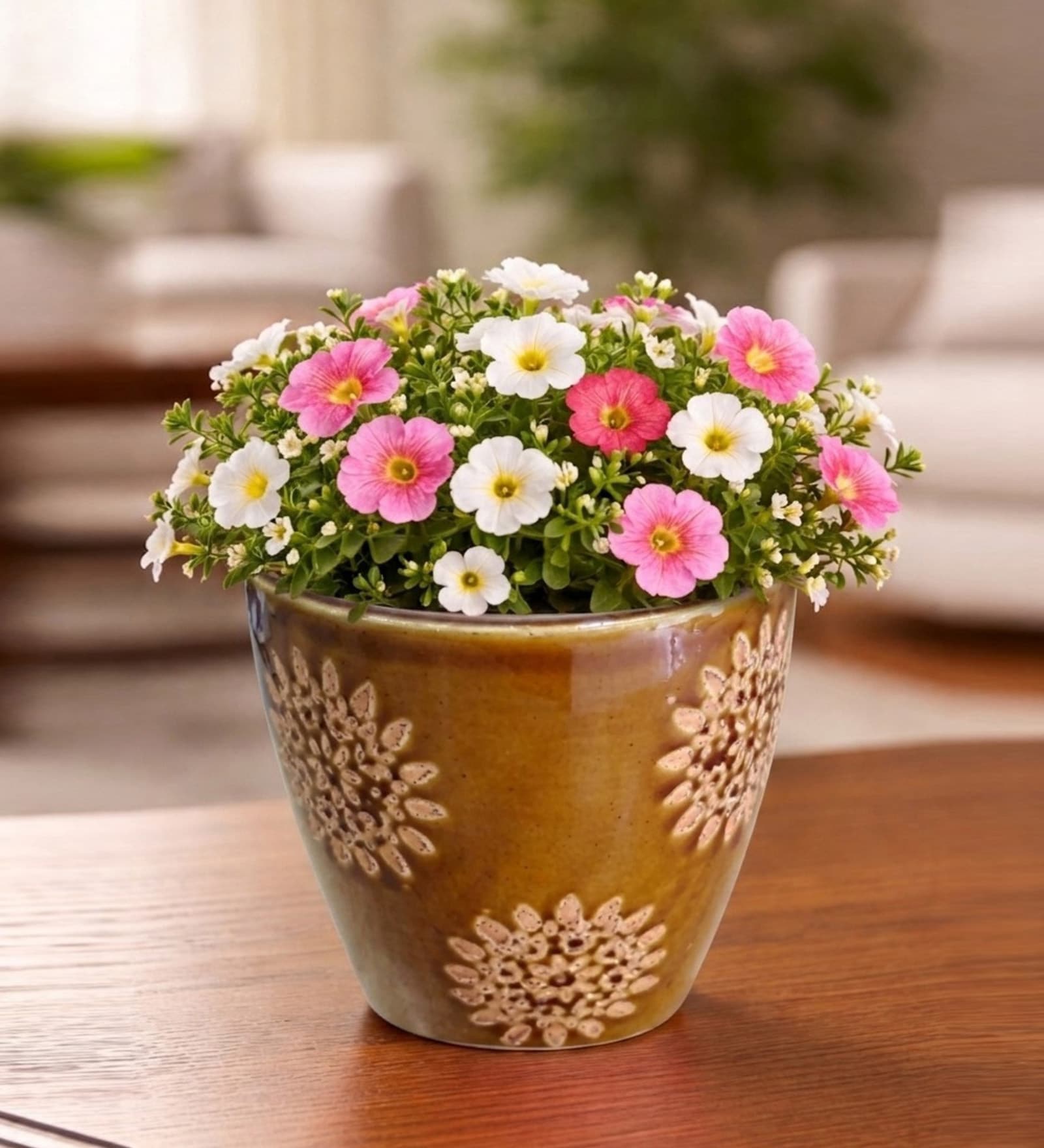 Floral Embossed Ceramic Planter Pot