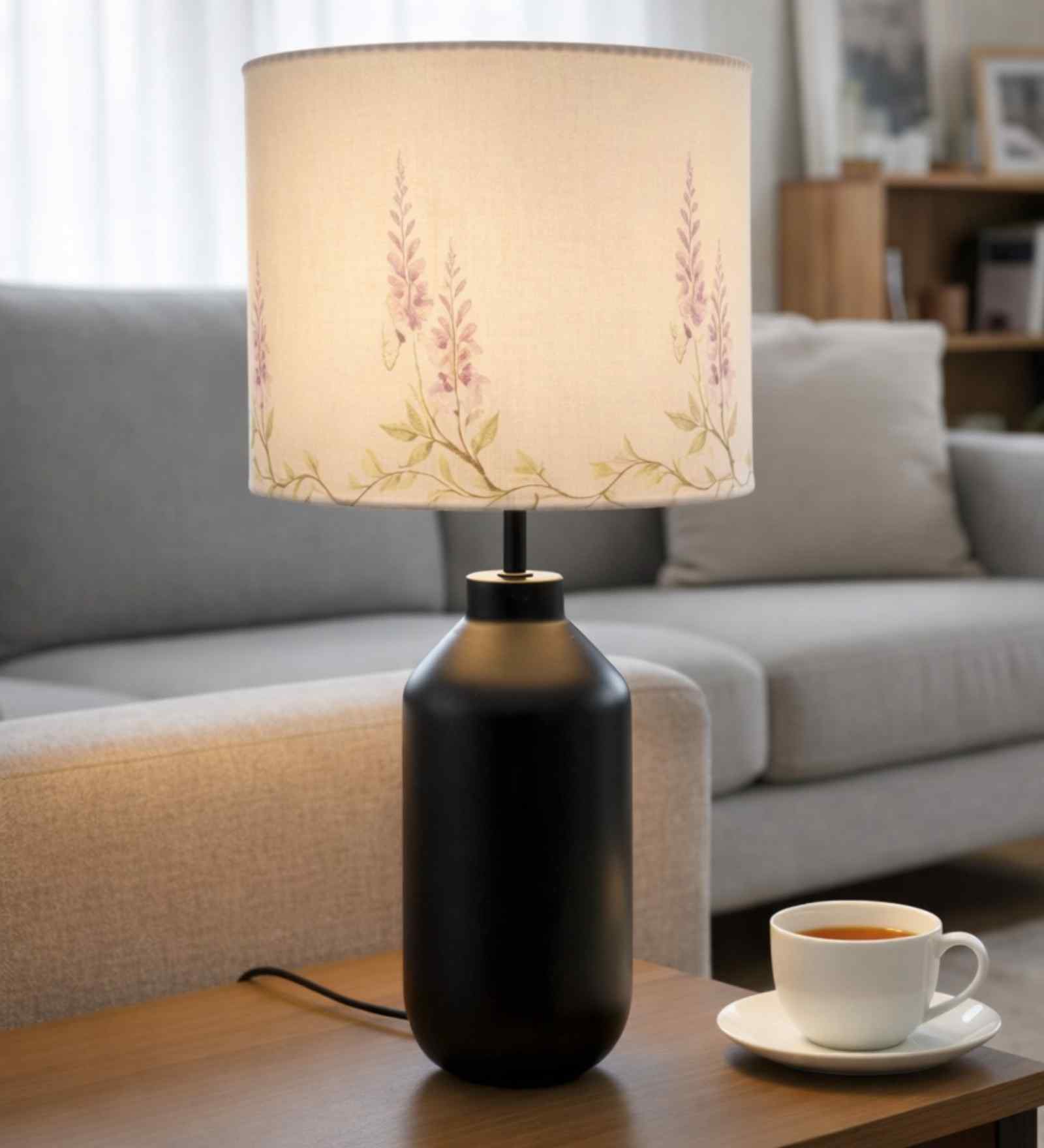 Floral Fabric Shade Table Lamp With Matte Black Base