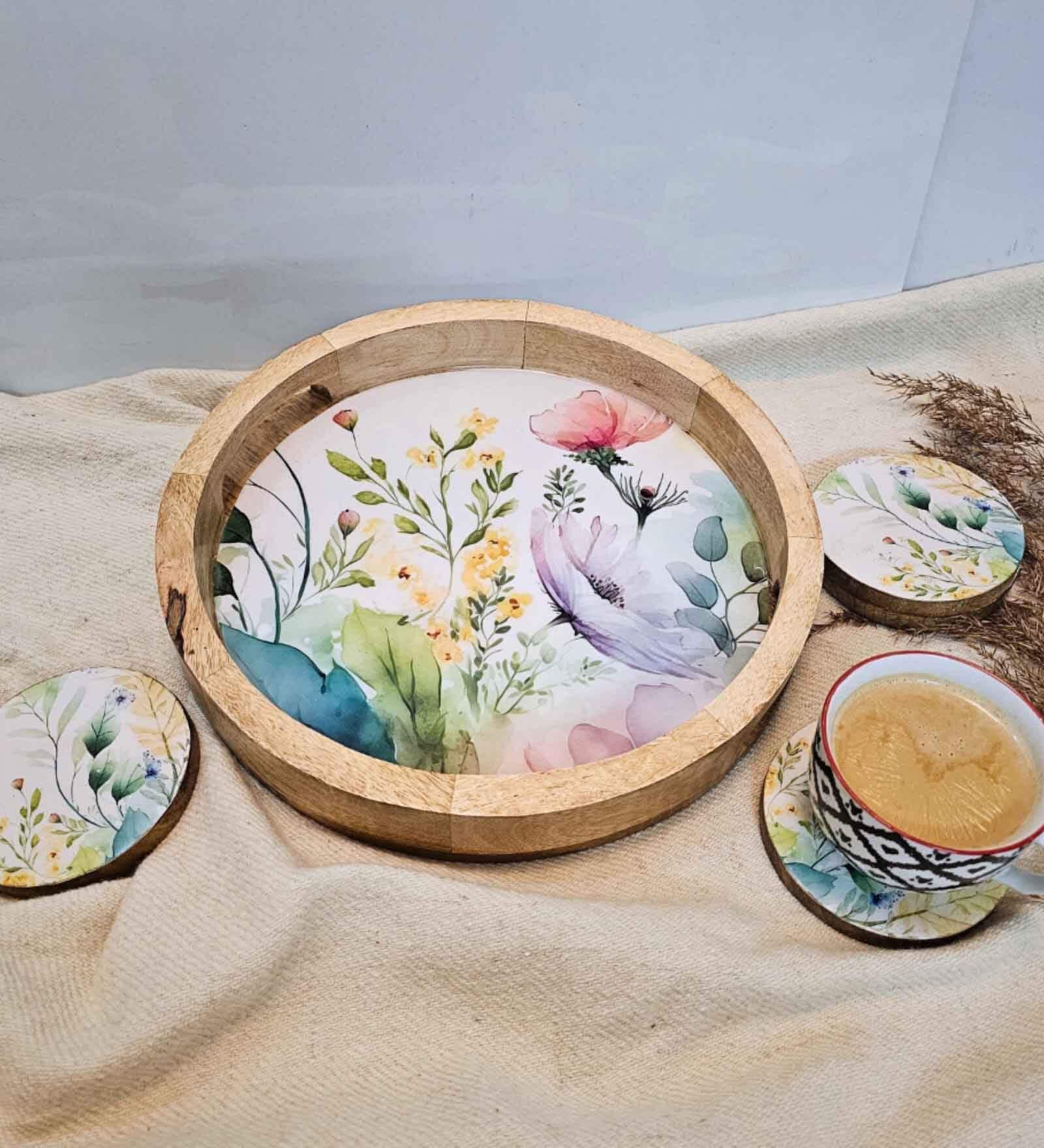 Floral Fantasy: Handcrafted Wooden Serving Tray