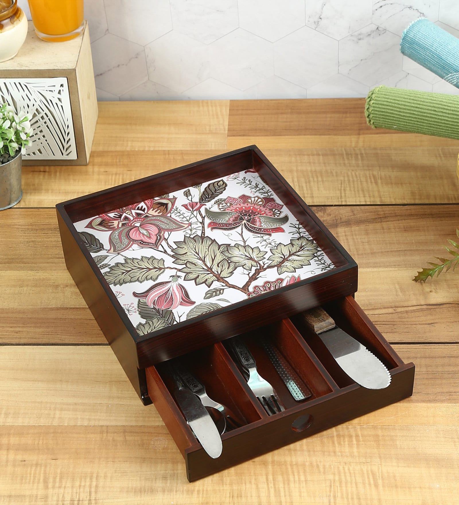 Floral Fantasy Brown MDF Wood Cutlery Holder