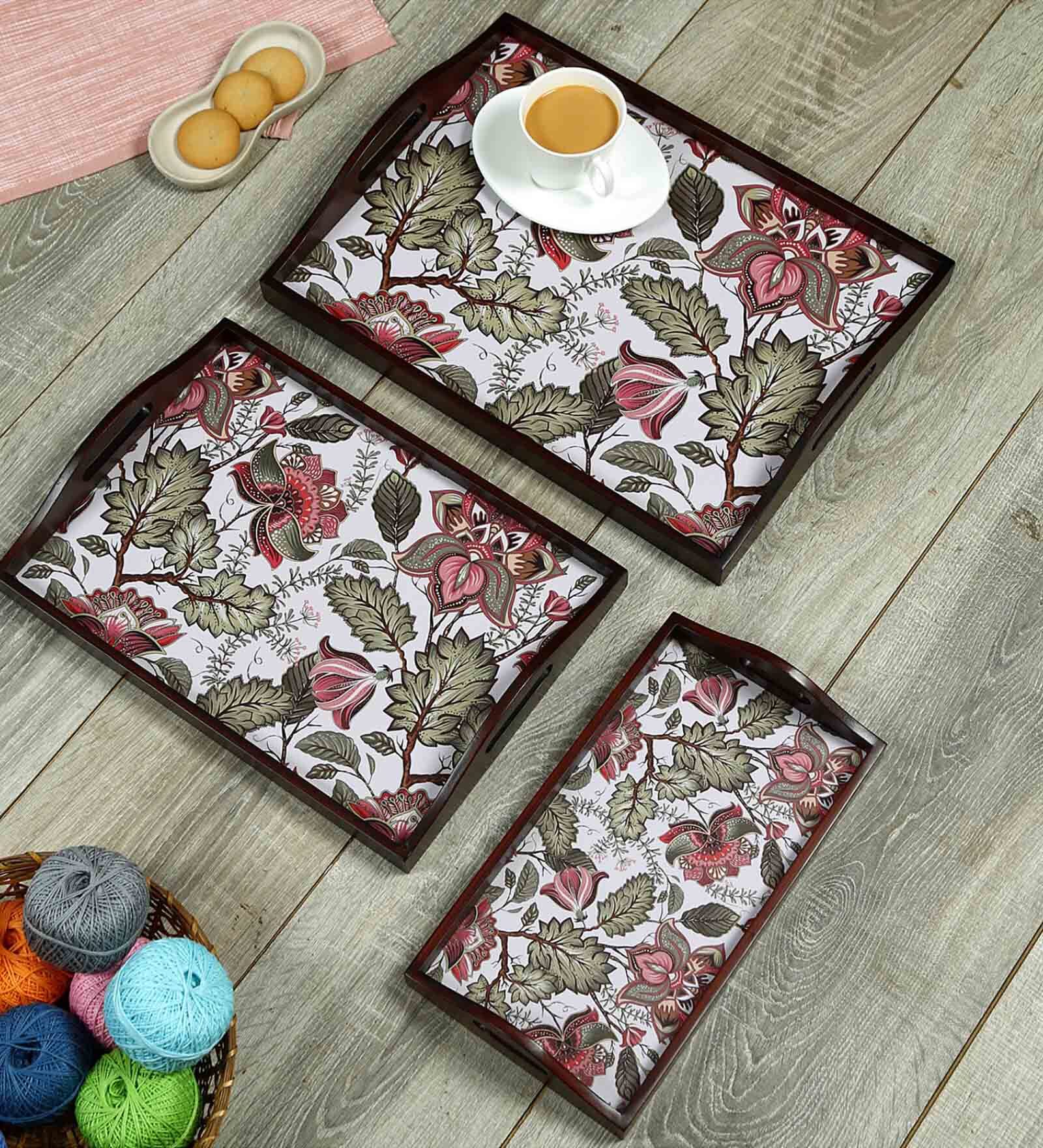 Floral Fantasy Brown Teak Wood & MDF Serving Tray (Set of 3) Reinvention factory