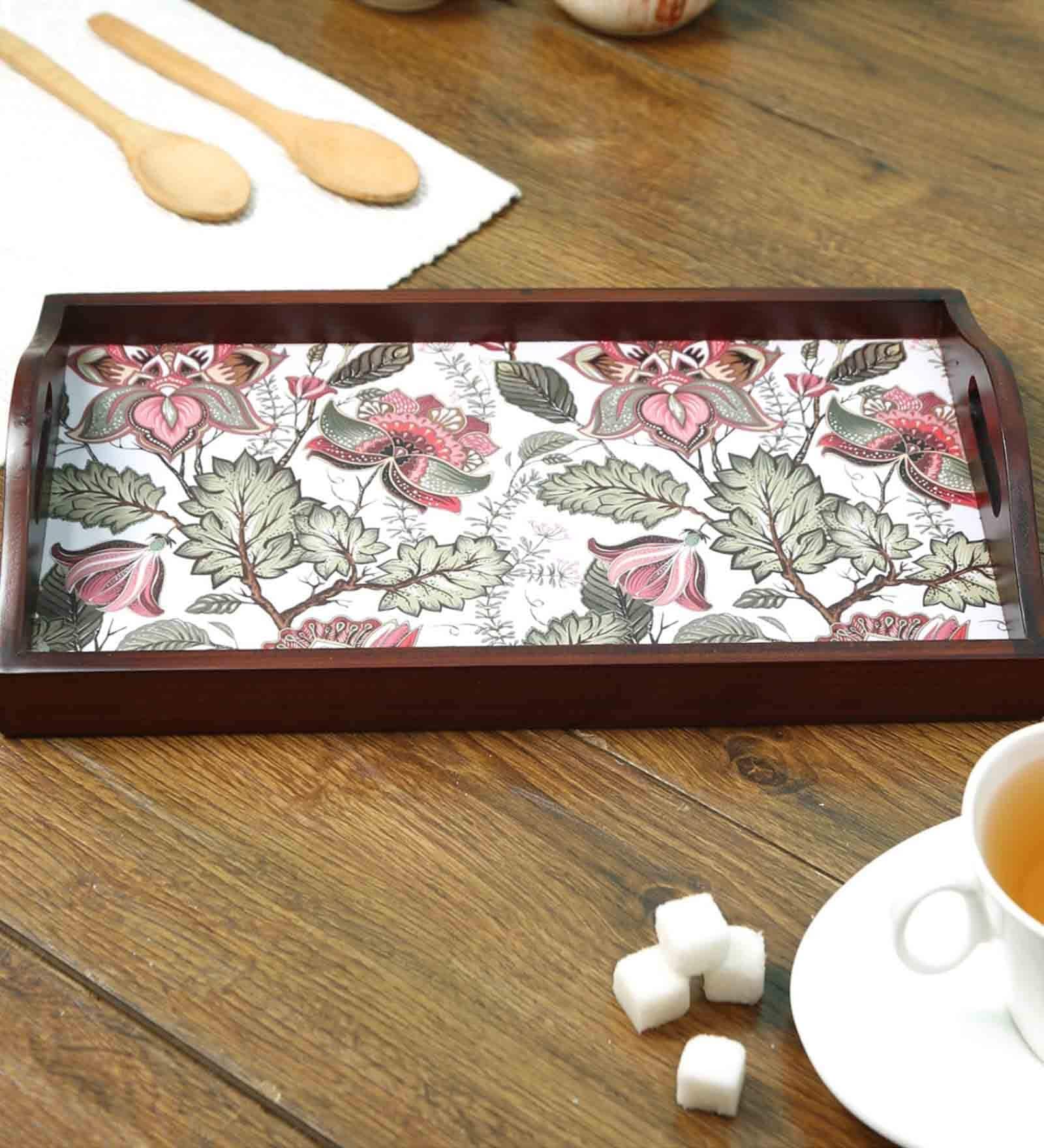 Floral Fantasy Brown Teak Wood & MDF Serving Tray Reinvention factory