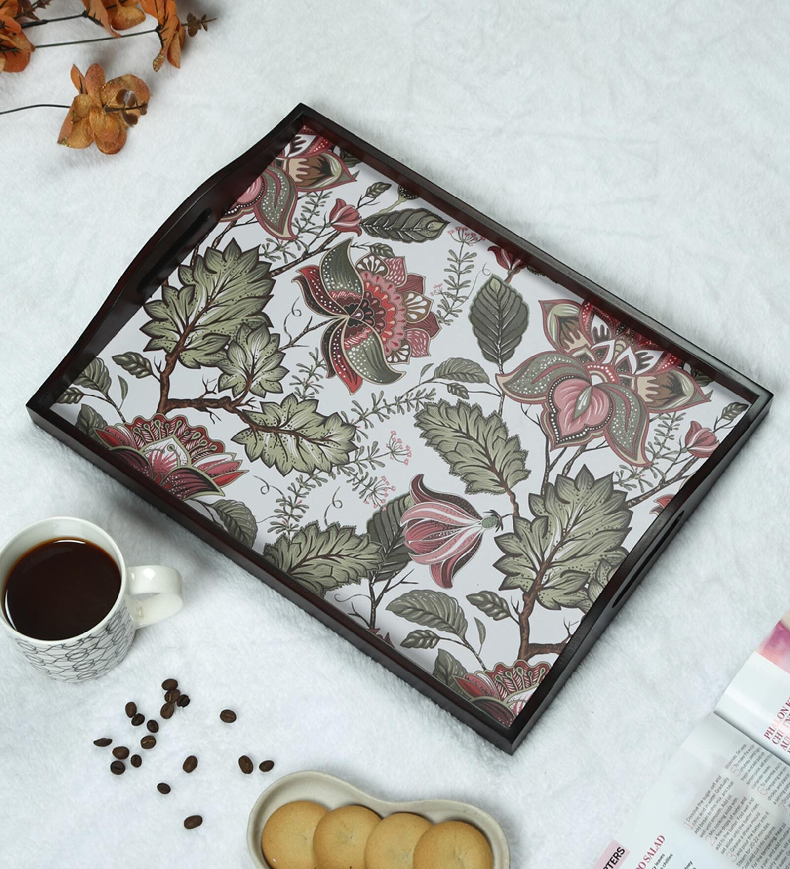 Floral Fantasy Brown Teak Wood & MDF Serving Tray Reinvention factory