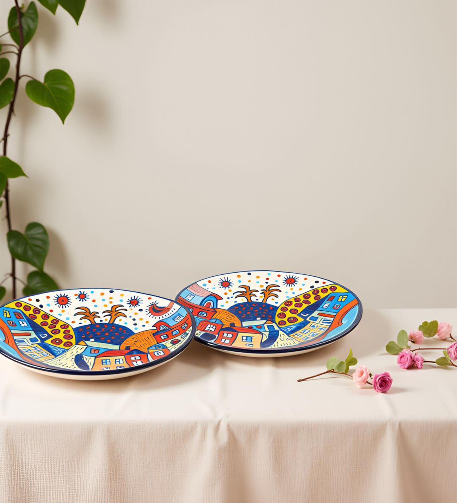 Floral Folk Art Ceramic Plates Sets of 2 dinnerware Sets Plates