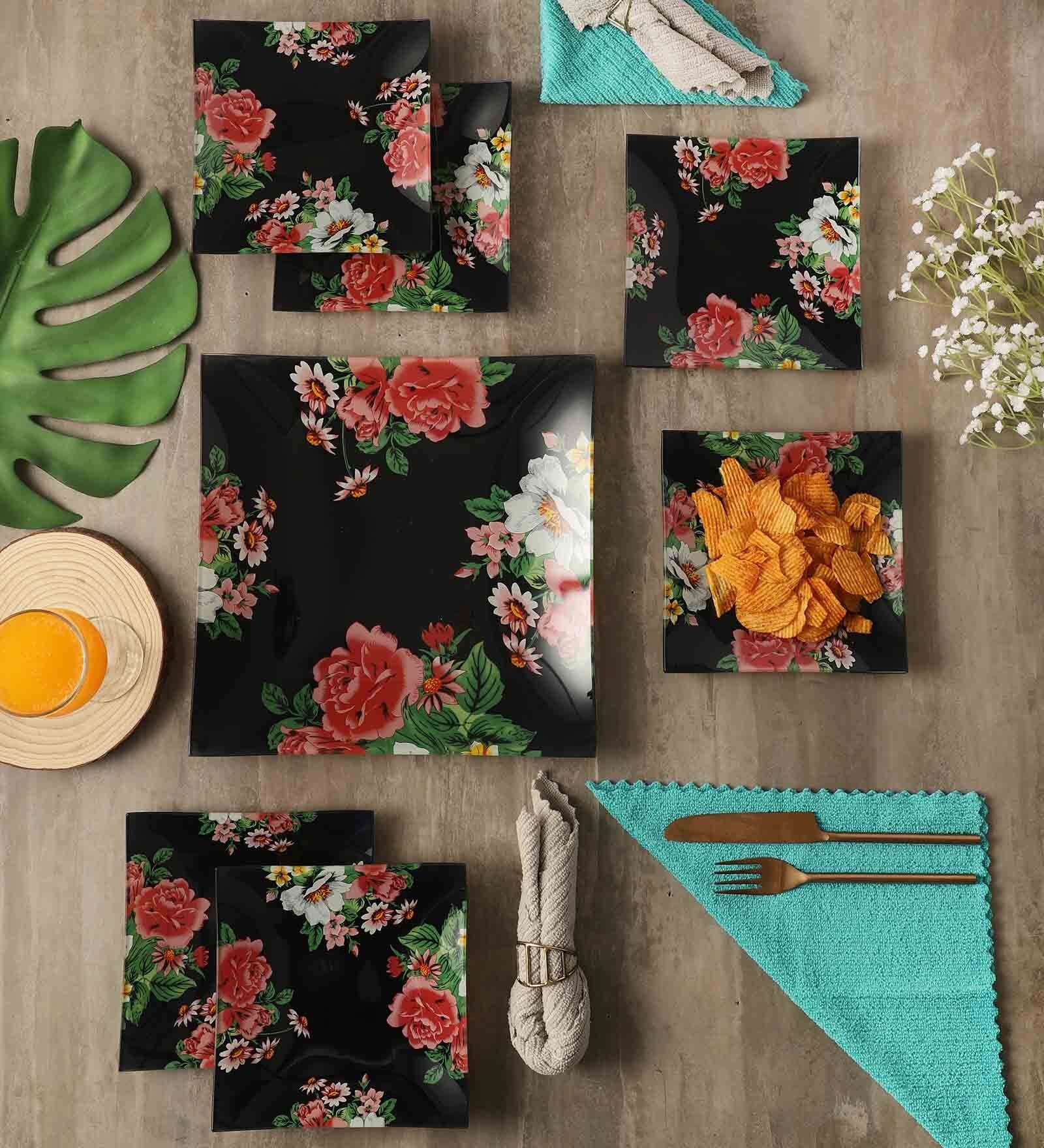 Floral Glossy 7 Pcs Black & Red Glass Dinnerware Set