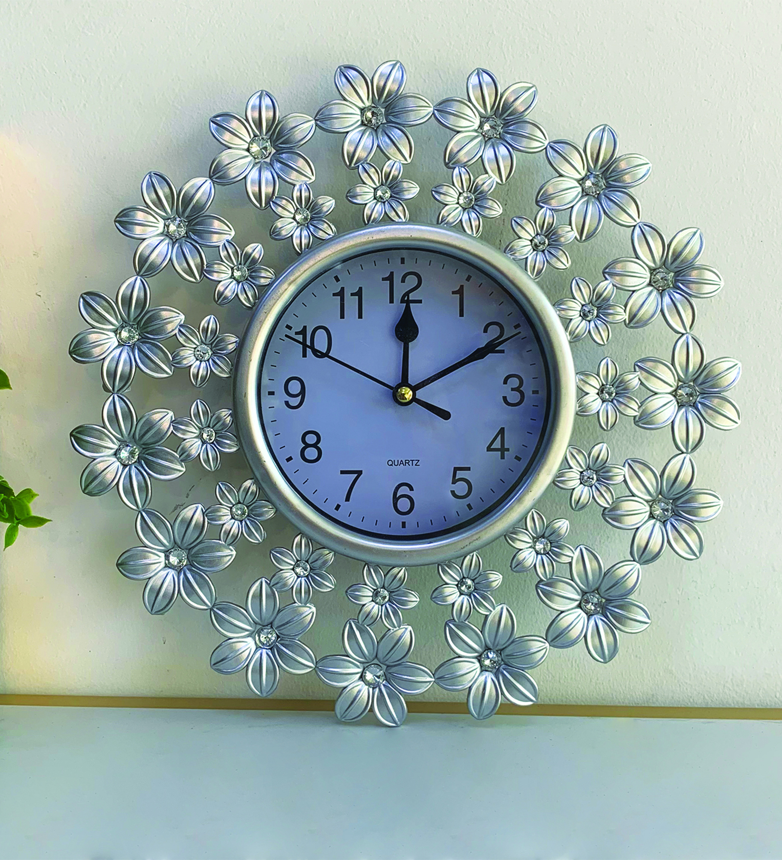 Floral Silver Plastic Wall Clock