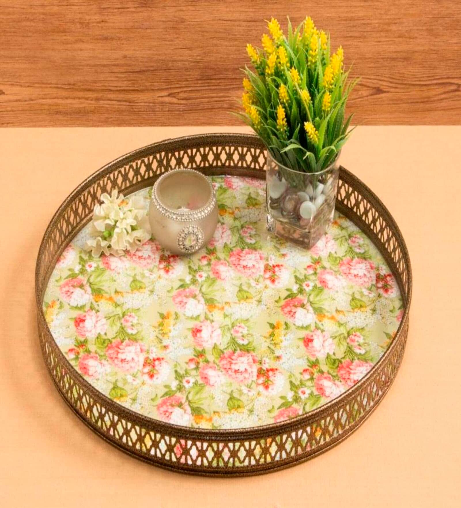 Floral Green & Pink Iron Round Serving Tray