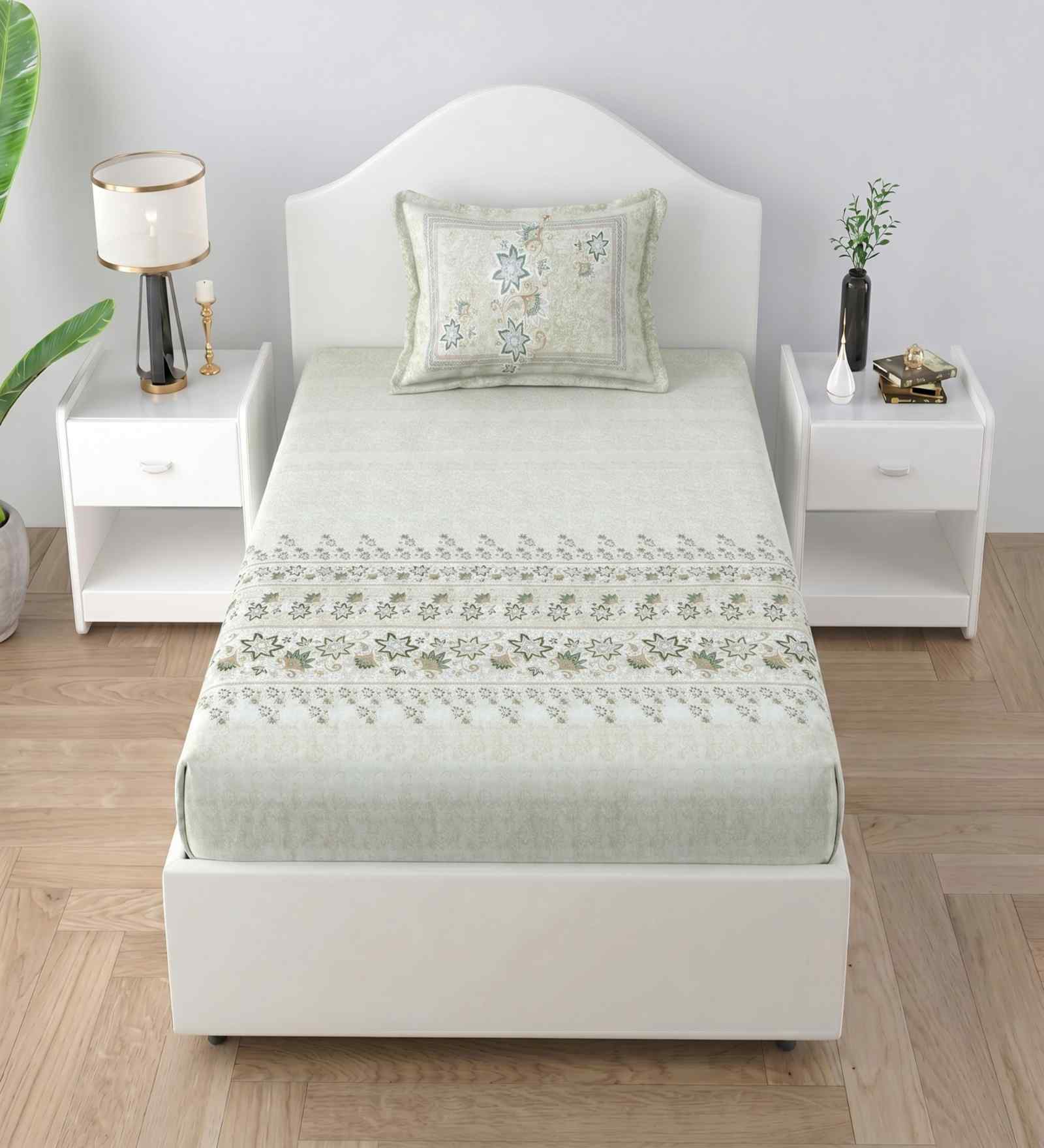 Floral Green Spring Glory Cotton186 TC Single Bedsheet With 1 Pillow Cover