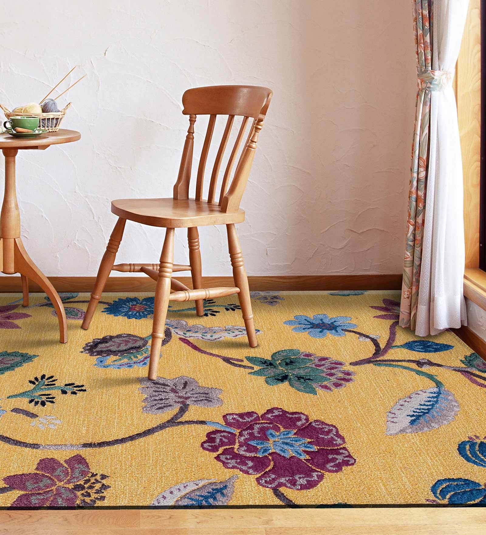 Yellow Floral Wool And Viscose 5 ft x 7 ft Hand Tufted Carpet
