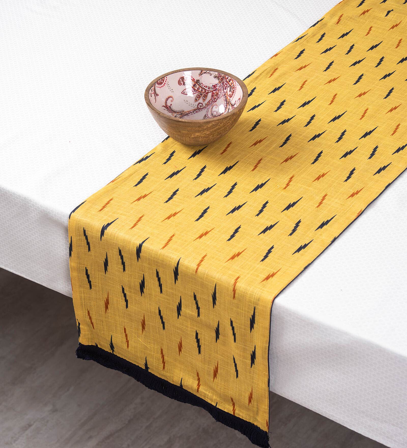 Buy Floral Hand Woven (72x13) Yellow Cotton Table Runner Online Table
