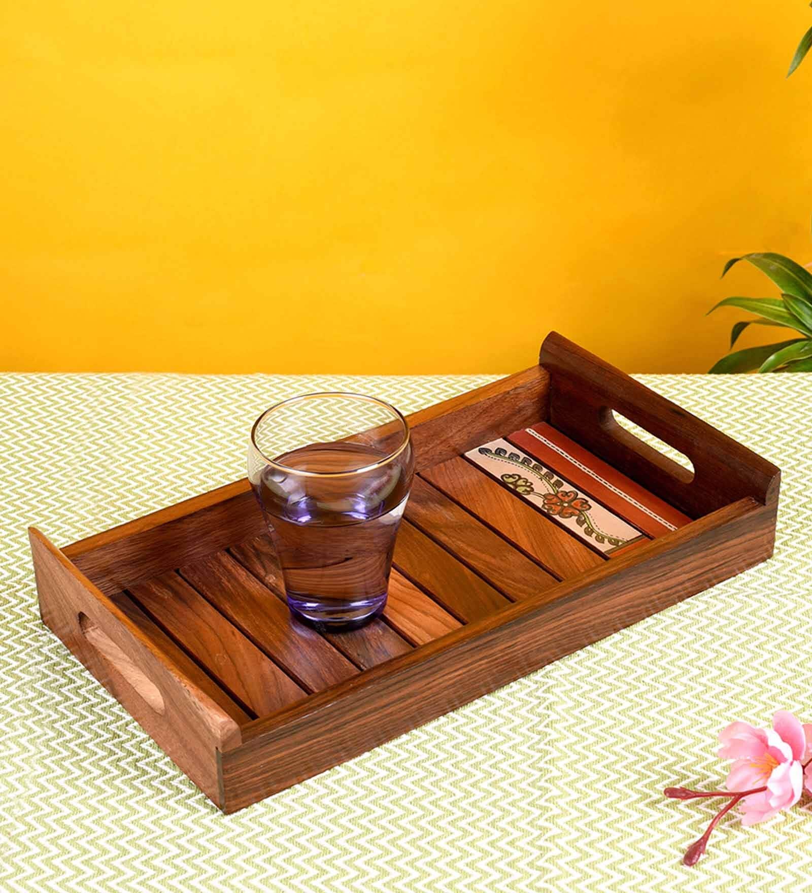 Floral Motif Brown Sheesham Wood Serving Tray