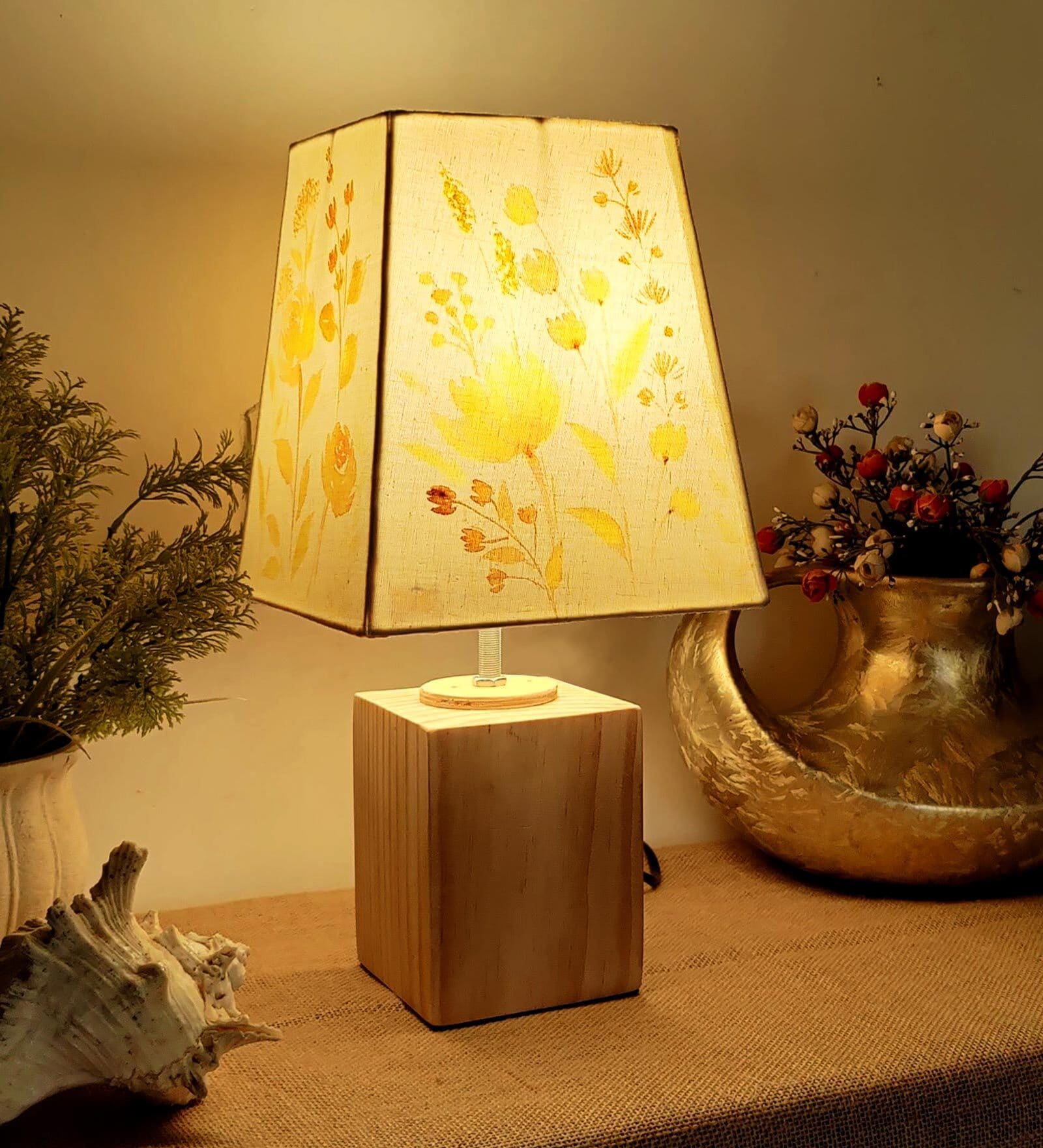 Floral Multicolor Cotton Shade Table Lamp with Wood Base
