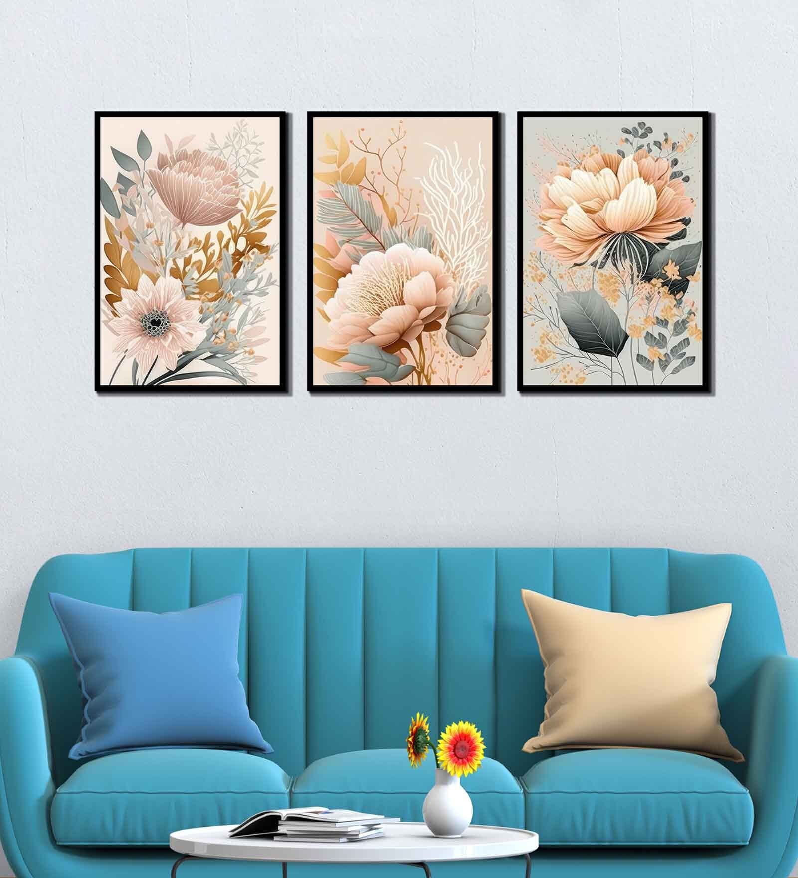 Floral Multicolour Canvas & MDF (Set of 3) Framed Art Panels