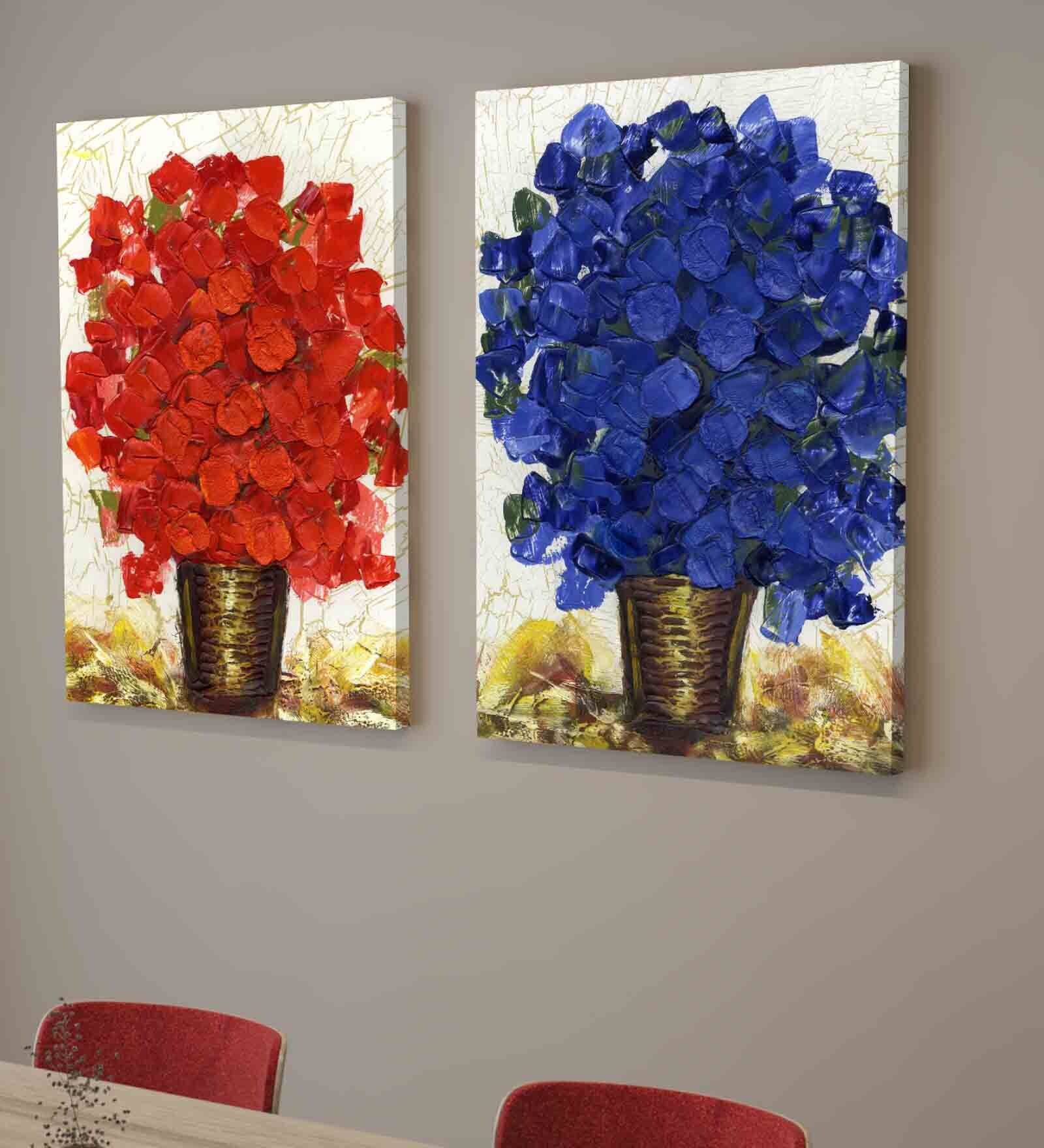 Floral Red & Blue Engineered Wood (Set of 2) Art Prints