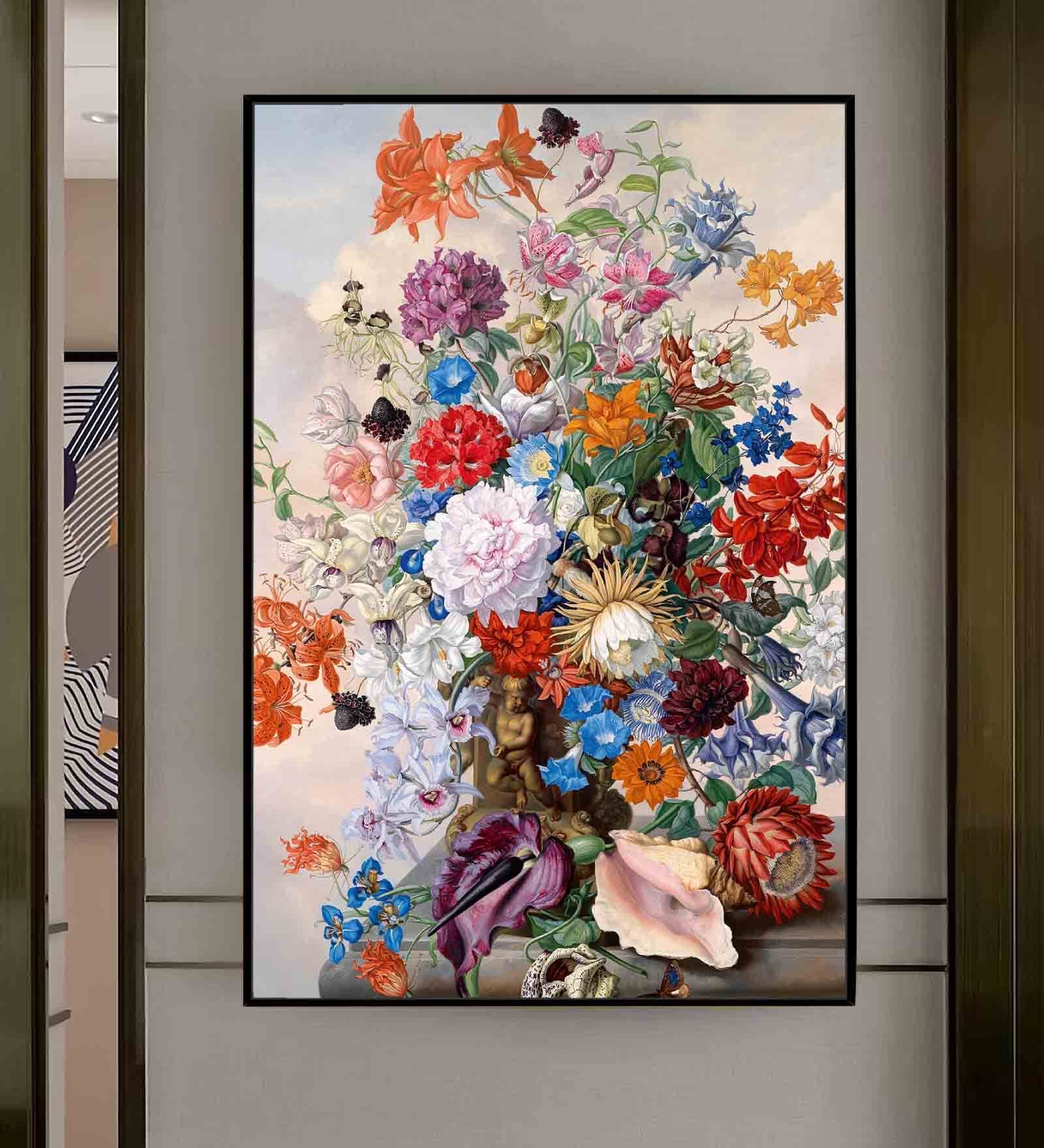 Floral Multicolour Engineered Wood Framed Canvas Wall Painting