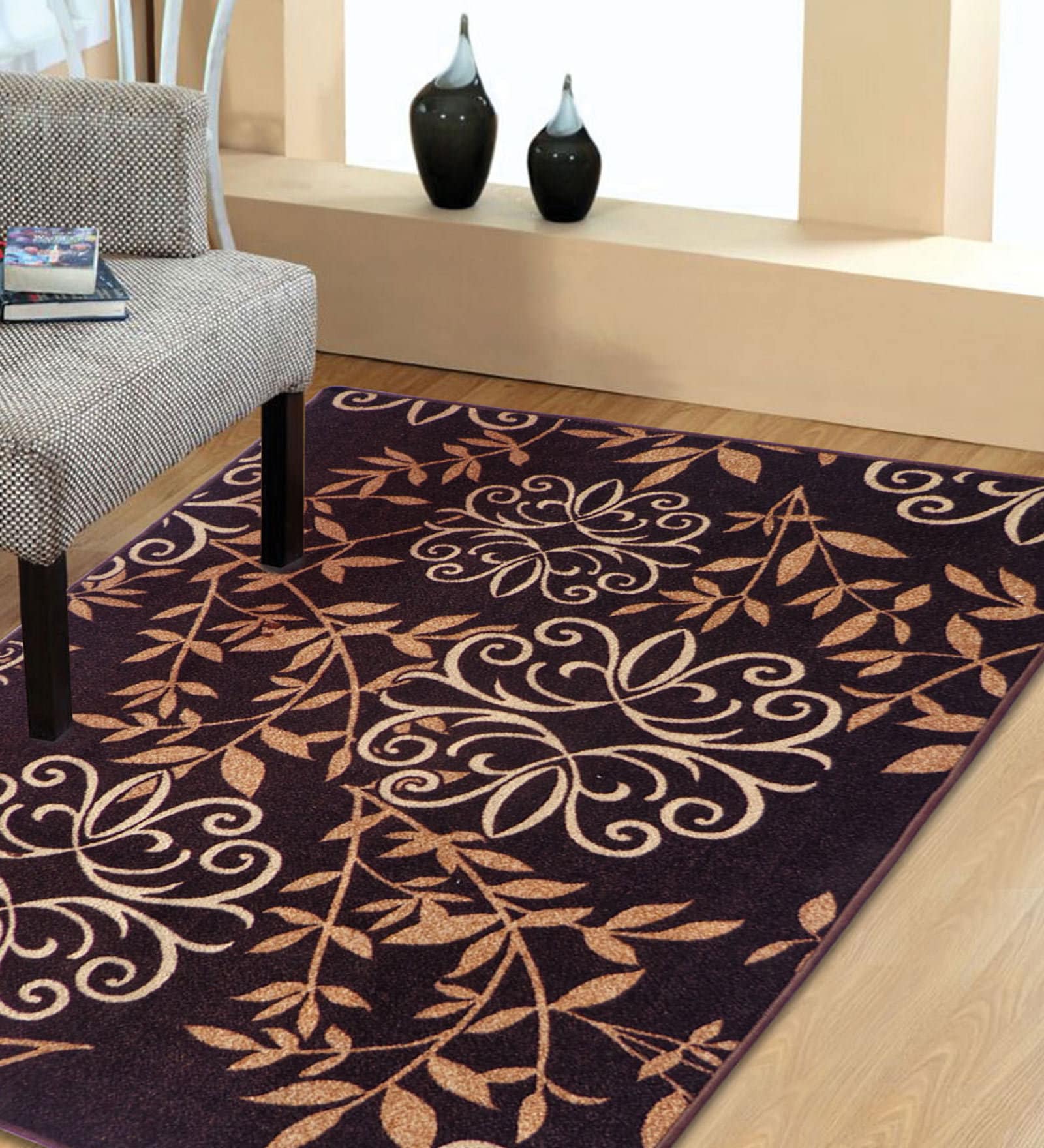 Brown Floral Polyester 4 ft x 6 ft Machine Made Carpet