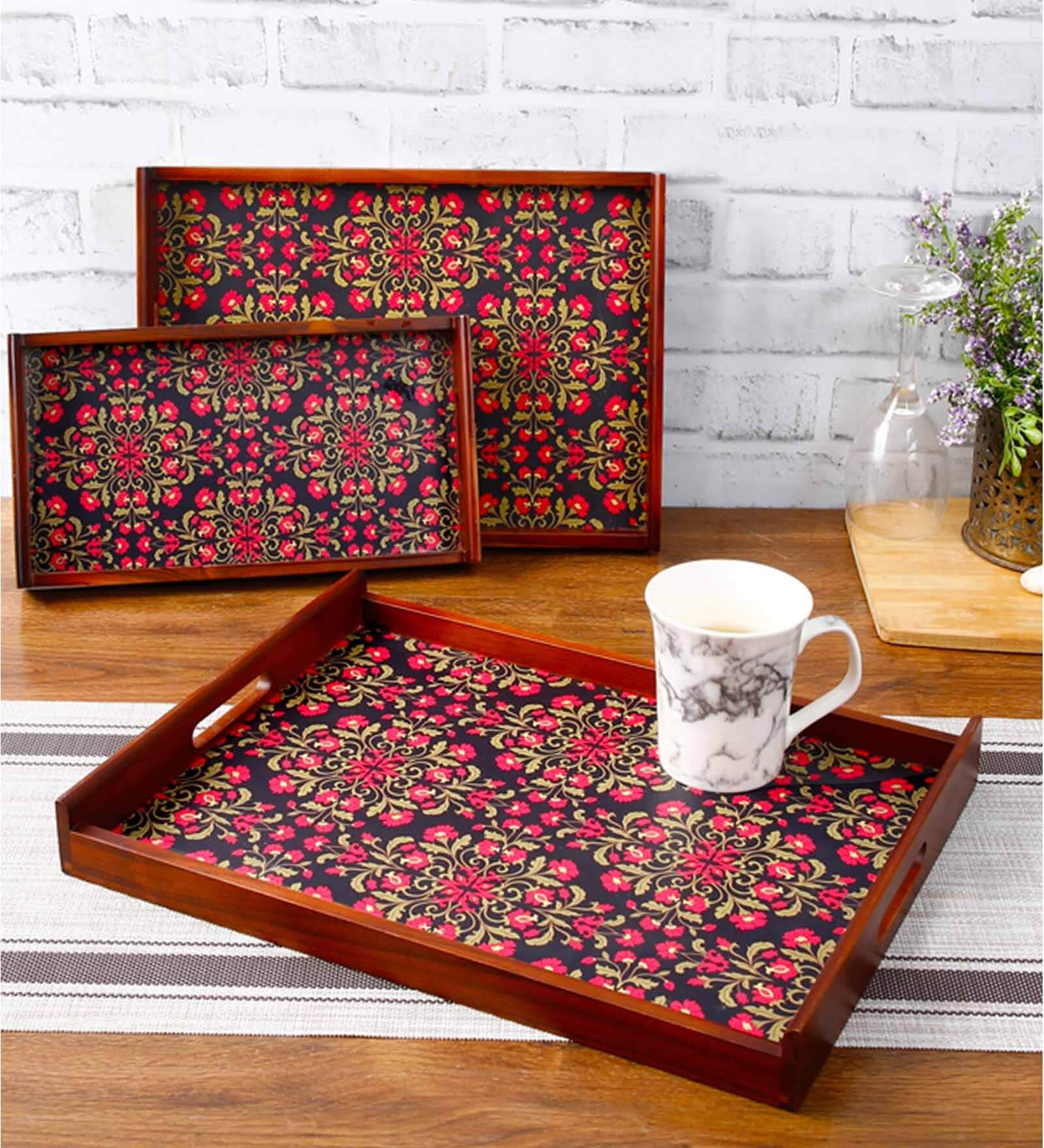 Floral Ornament Brown Teak Wood & MDF Serving Tray (Set of 3) Reinvention factory