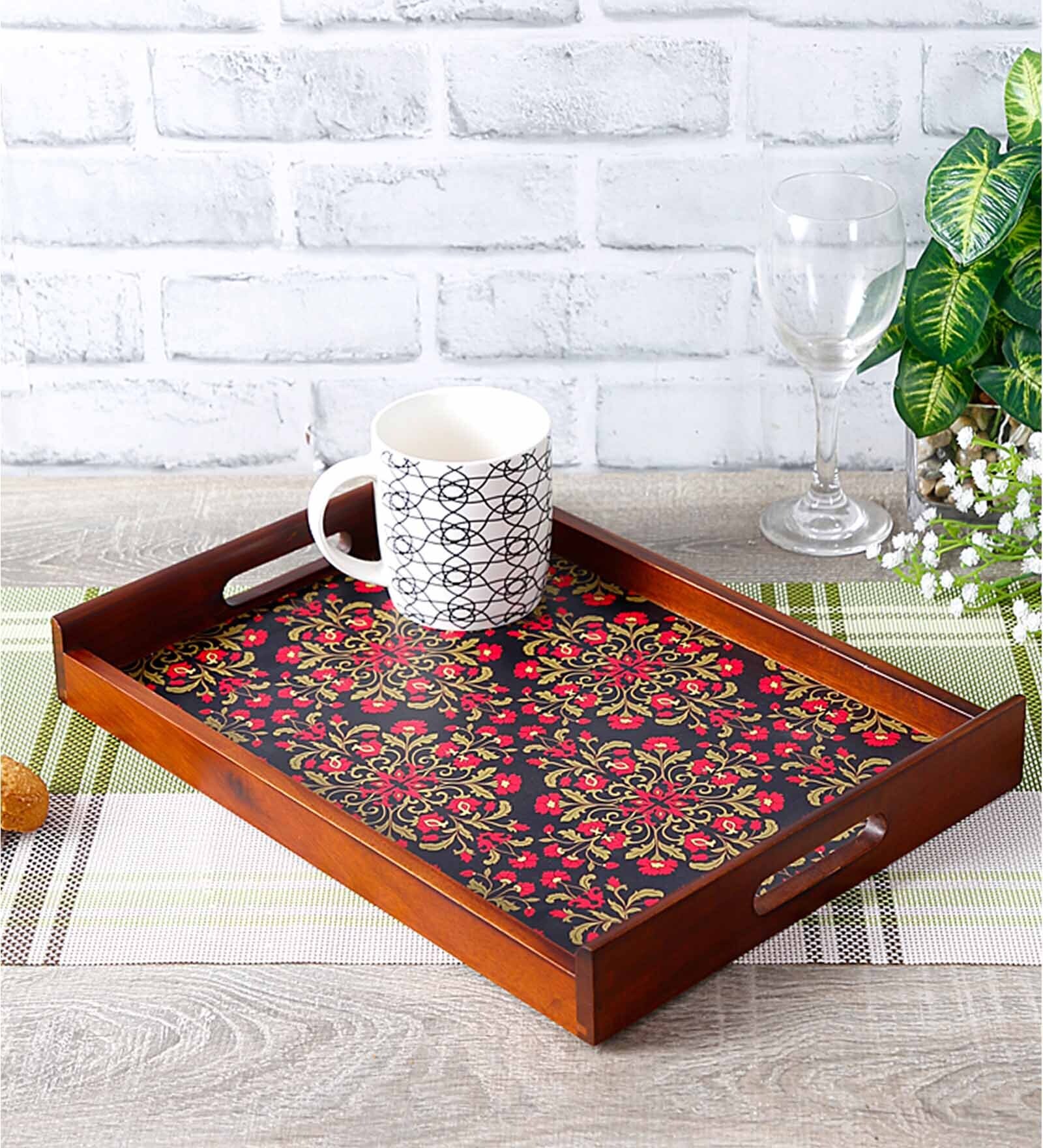 Floral Ornament Brown Teak Wood & MDF Serving Tray Reinvention factory