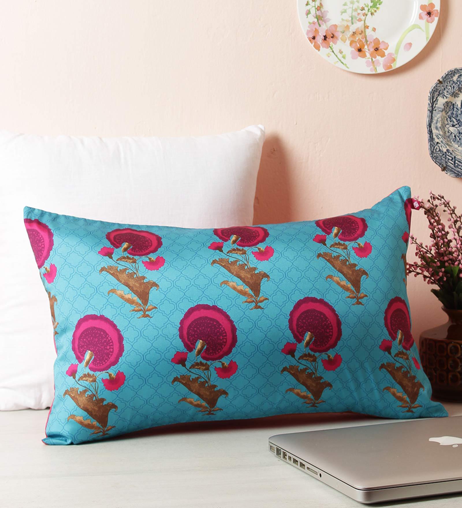 Floral Pattern Blue Silk Cushion Cover 20 X 12 Inch