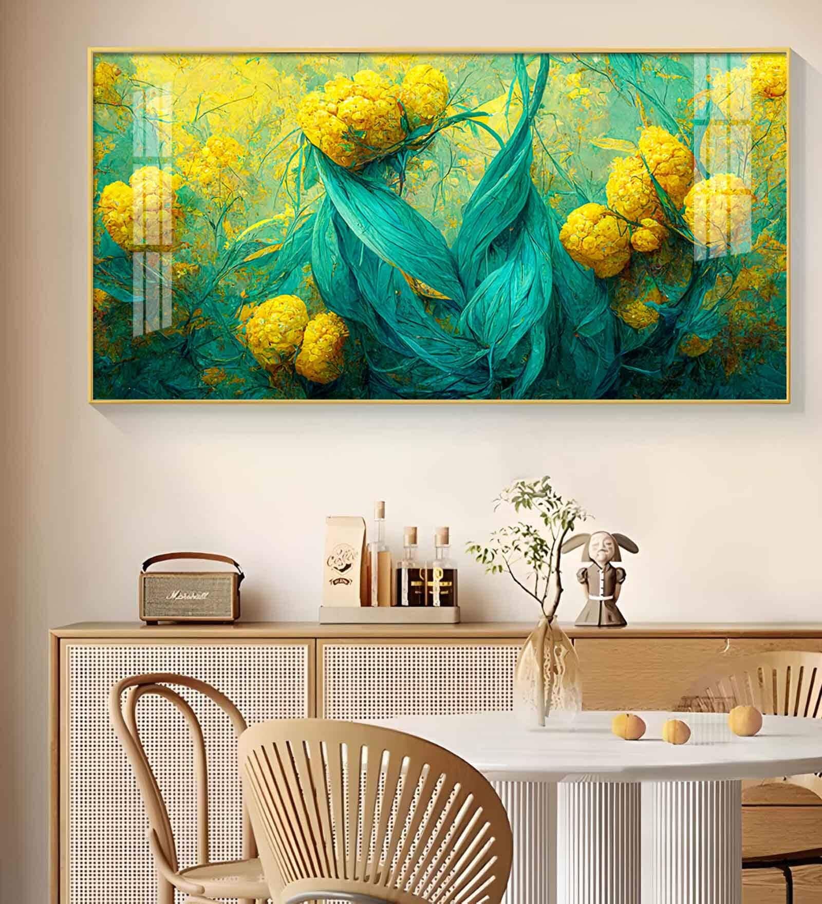 Floral Pattern Glass Finish Horizontal Wall Art