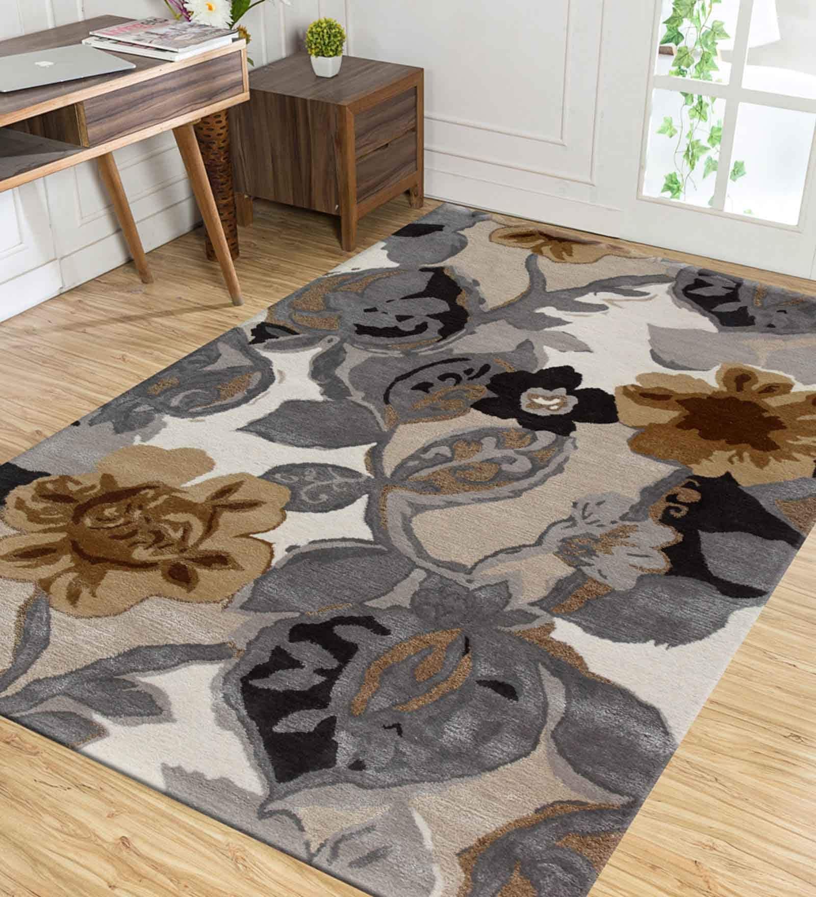 Grey Floral Wool And Viscose 5 ft X 3 ft Hand Tufted Carpet