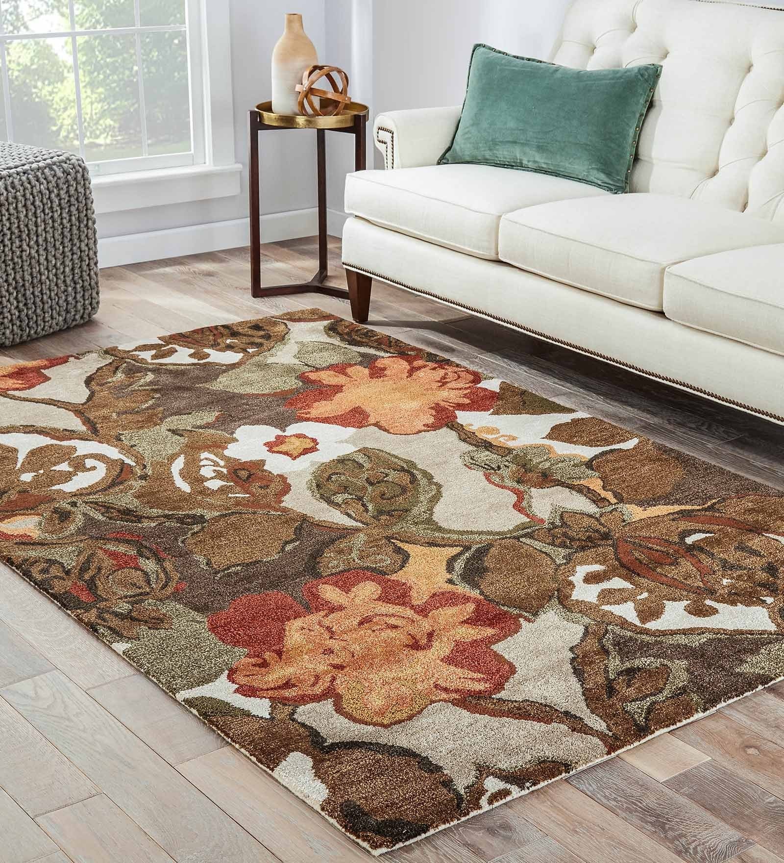 Brown Floral Wool And Viscose 5 ft x 7 ft Hand Tufted Carpet