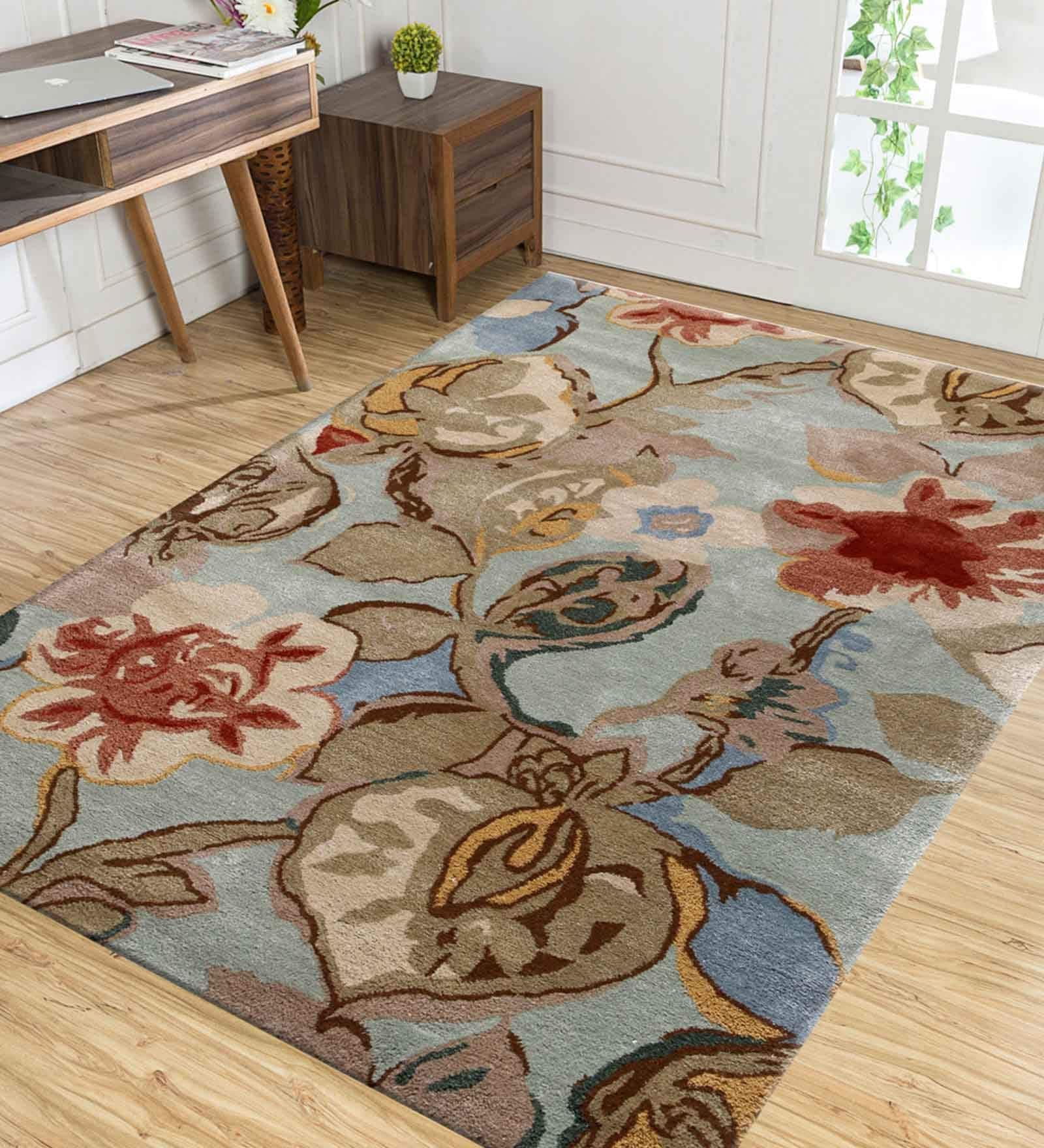 Blue Floral Wool And Viscose 8 ft x 10 ft Hand Tufted Carpet