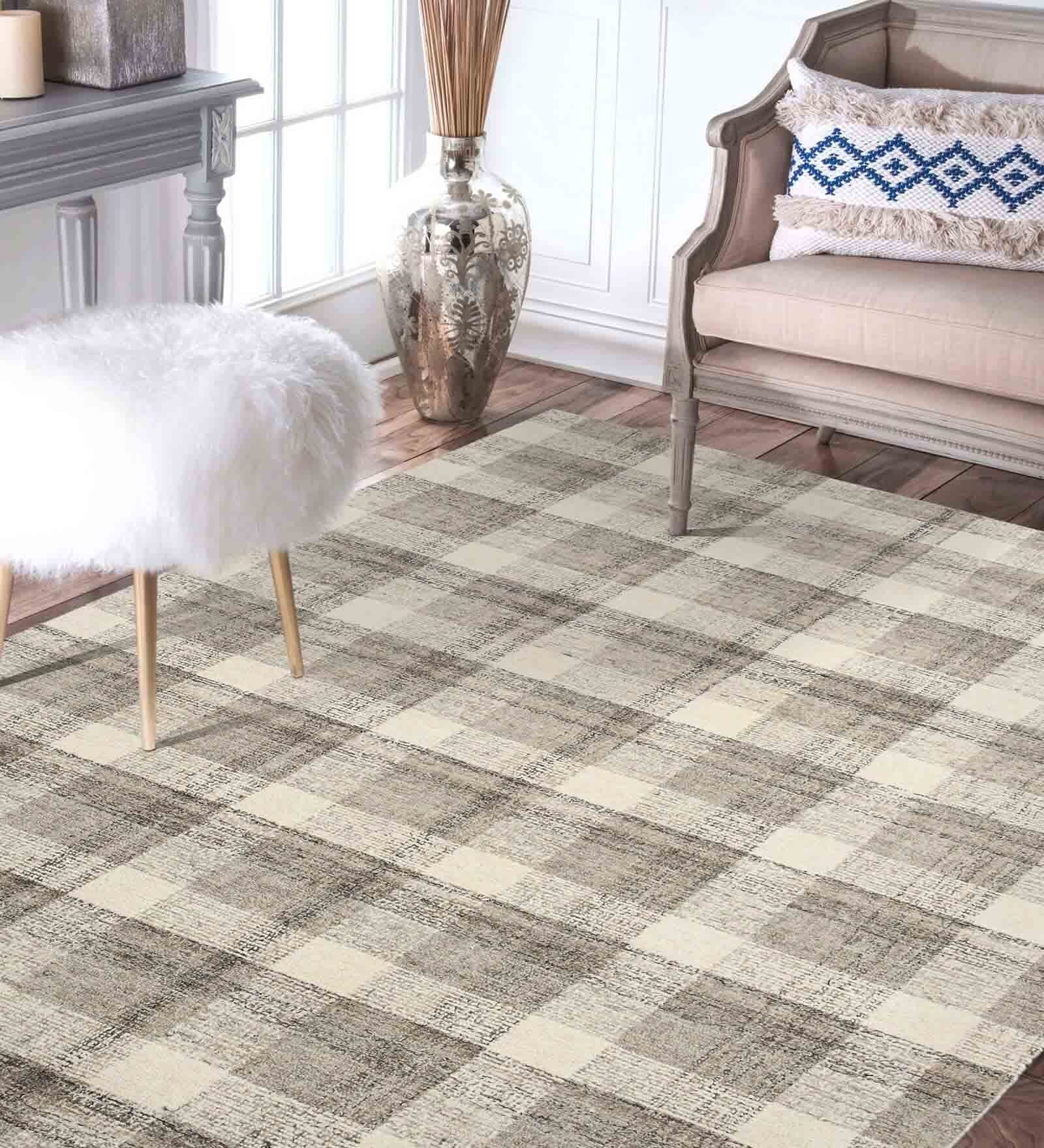 Beige Wool Geometrical 5 ft x 8 ft Hand Tufted Carpet