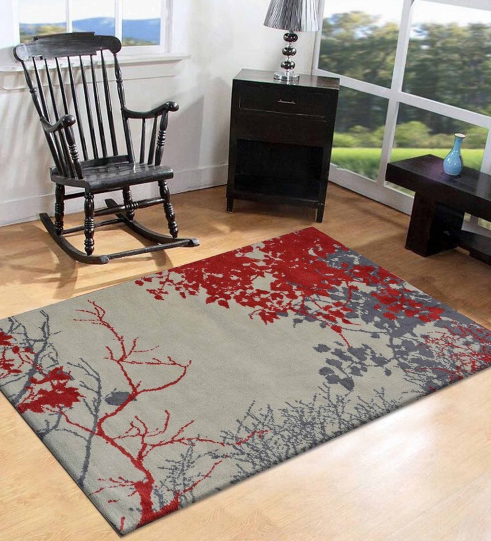 Grey Floral Polyester 5 ft x 7 ft Hand Tufted Carpet