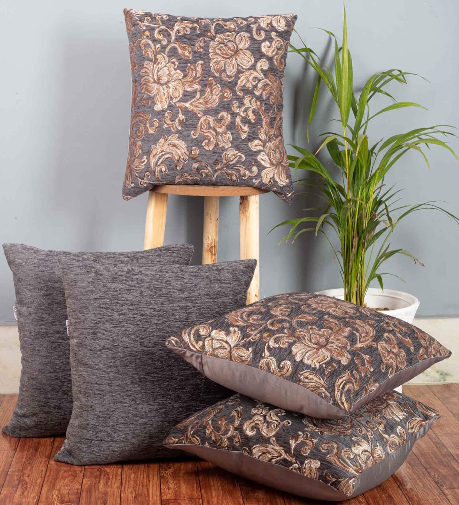 Grey Floral Polyester 16 x 16 Inches Cushion Covers (Set of 5)