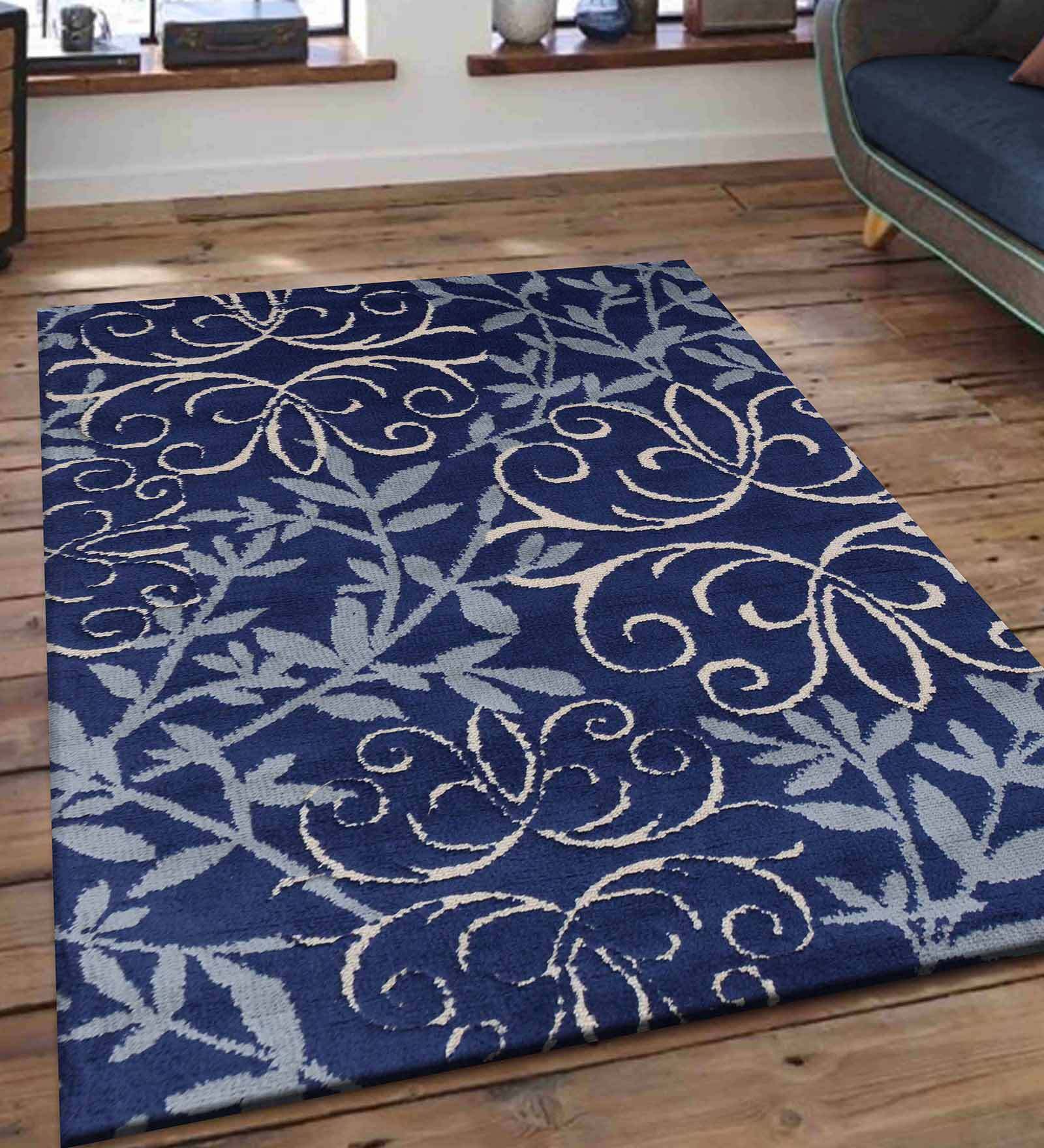 Blue Polyester Floral 4 x 6 Feet Hand Tufted Carpet