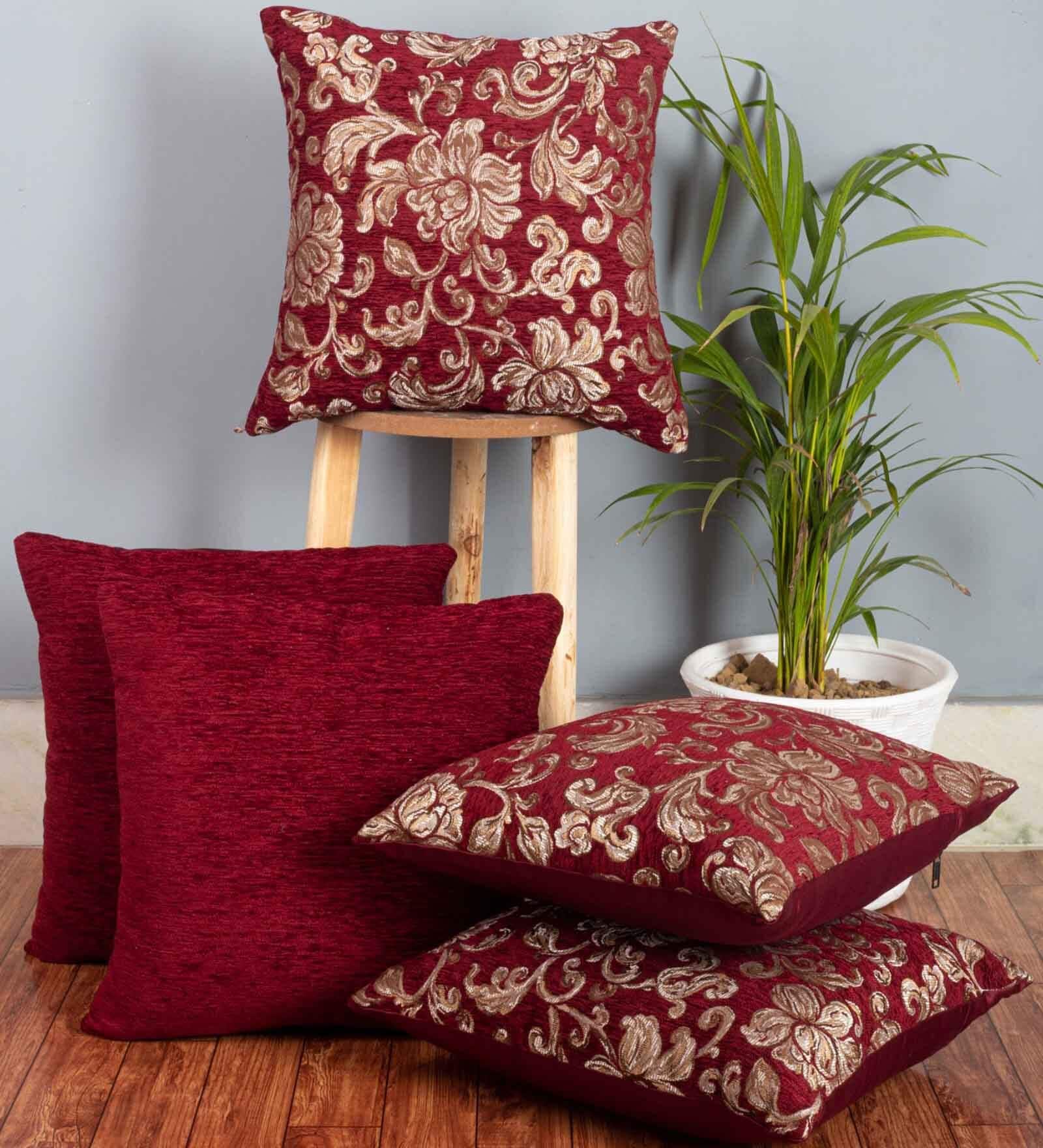 Maroon Floral Polyester 16 x 16 Inches Cushion Covers (Set of 5)