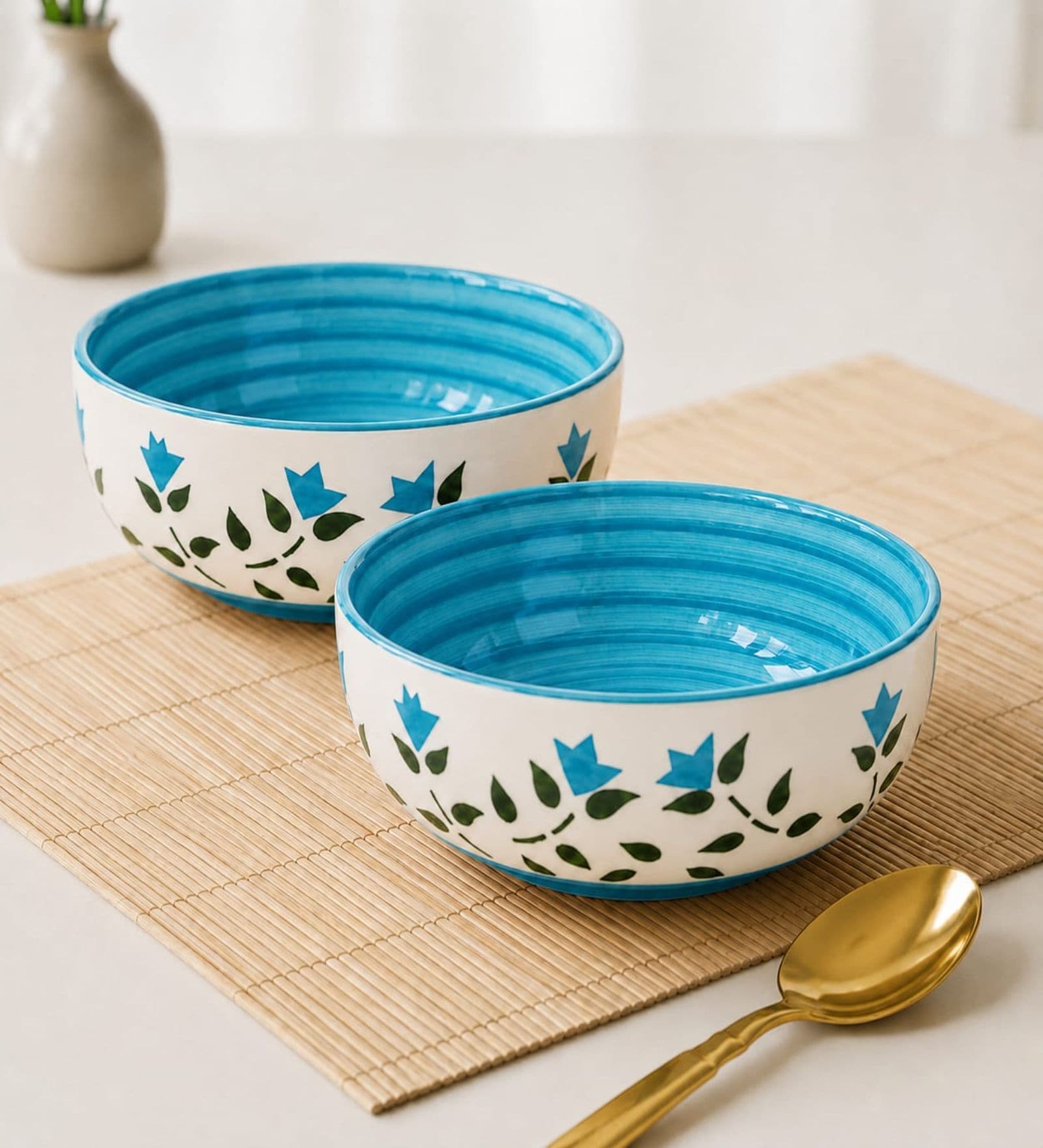 Aqua Blue & White Floral Print Ceramic Snack Bowl Set of 2 300MLServing Bowls