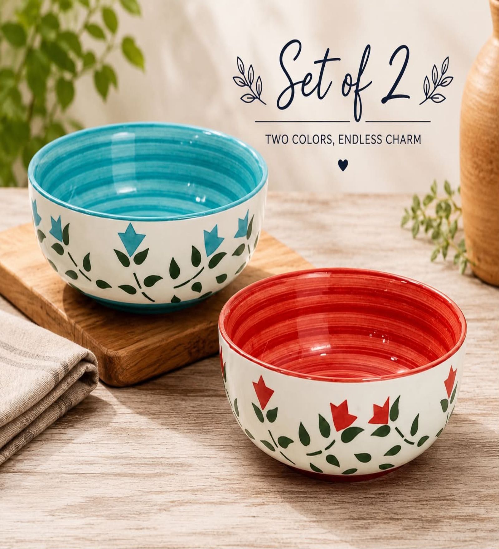 Aqua Blue and Red Floral Print Ceramic Snack Bowl Set of 2 300ML Serving Bowls