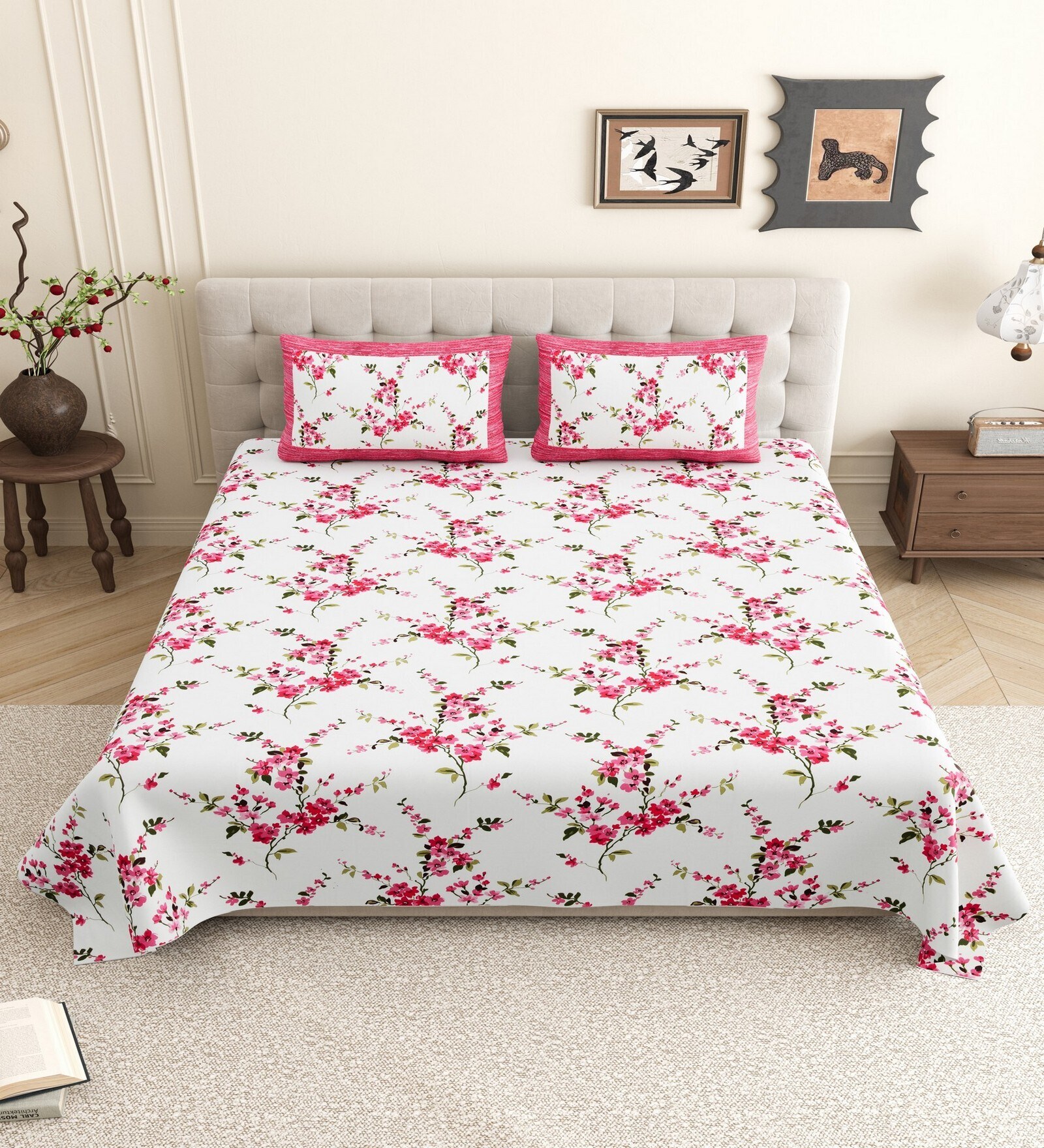 Pink Floral 144 TC Cotton King Size  King Size Bedsheet With 2 Pillow Cover