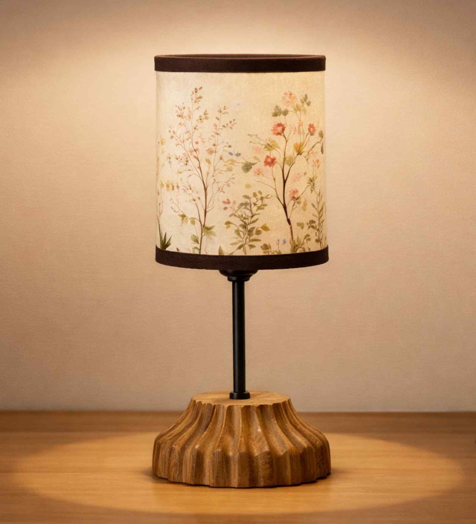 Floral Printed Fabric Shade Table Lamp with Designer Wooden Base