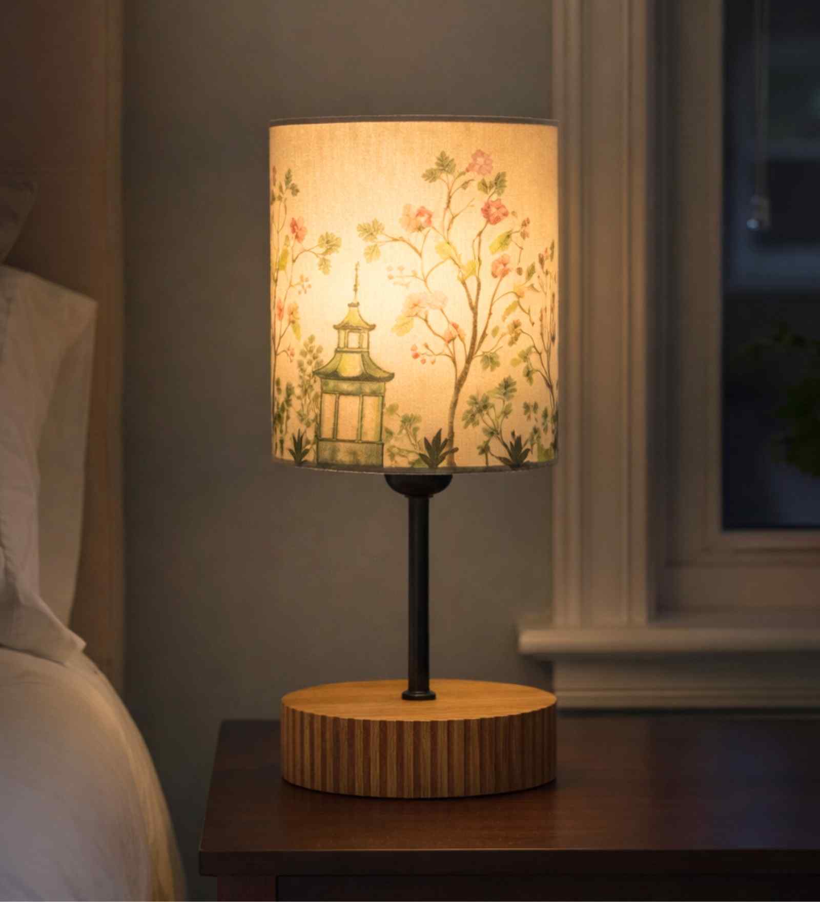 Floral Printed Fabric Shade Table Lamp with Wooden Base