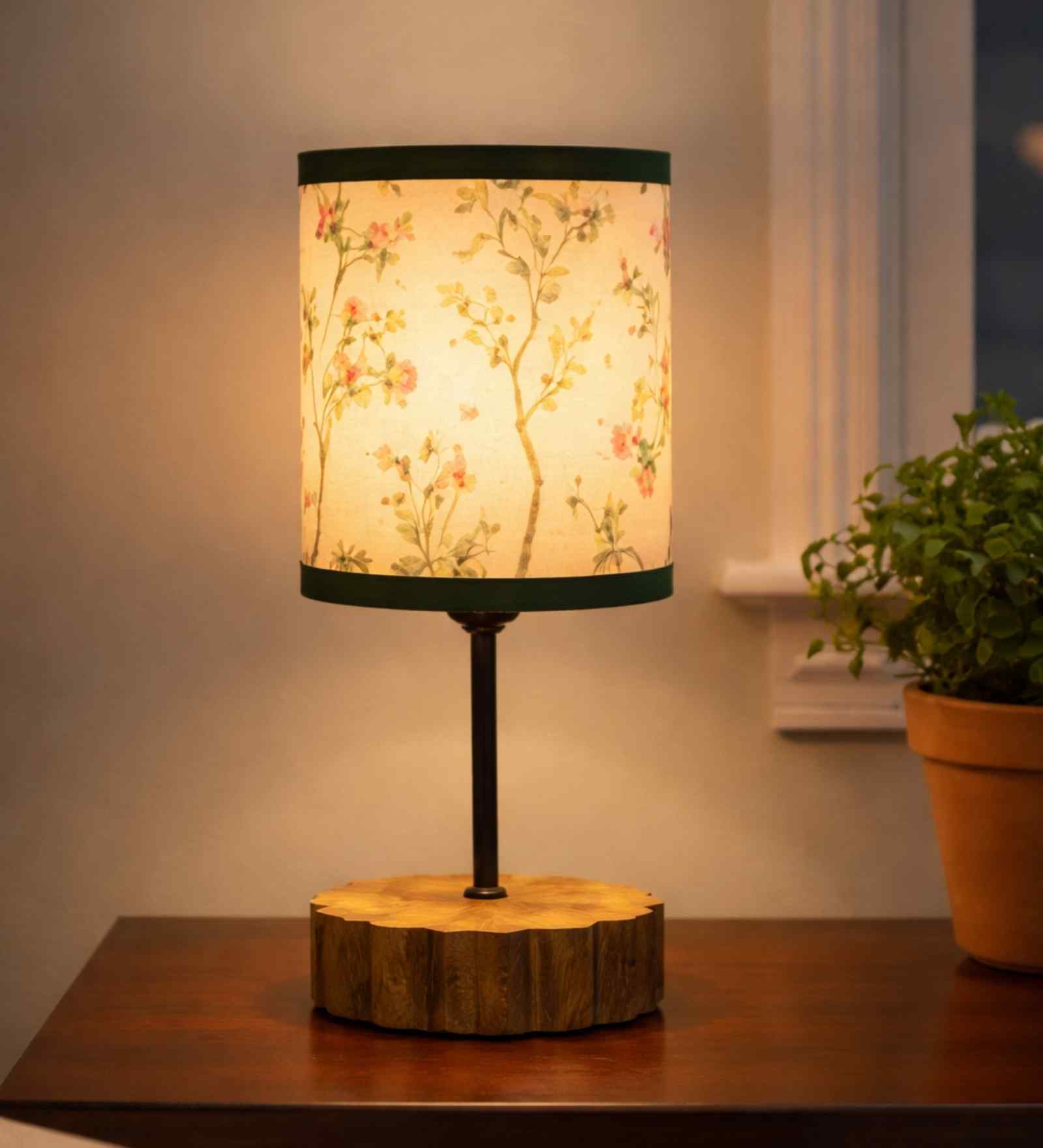 Floral Printed Fabric Shade Table Lamp with Wooden Base
