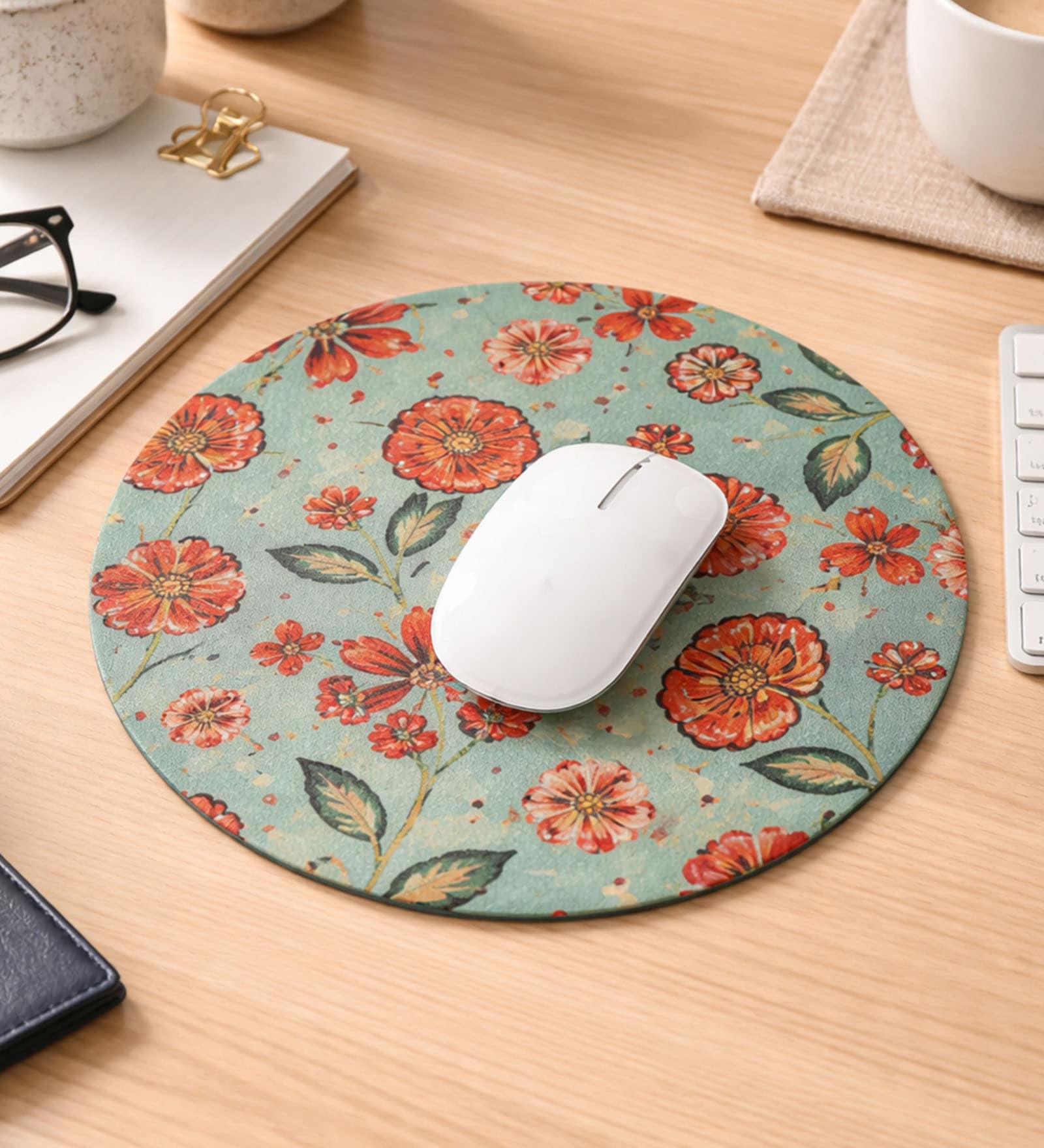 Floral Printed With Green Background Round Mousepad