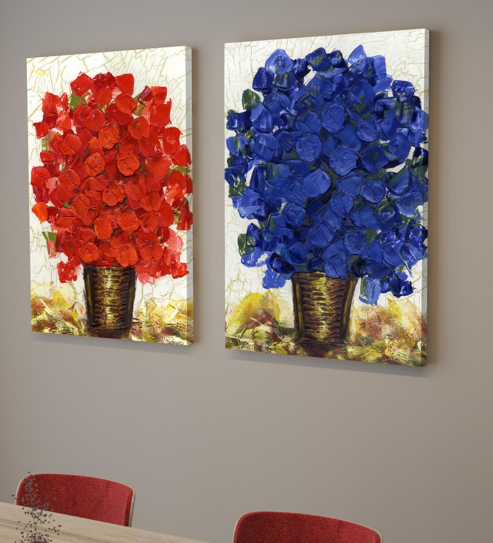 Floral Red & Blue Synthetic Wood (Set of 2) Art Prints