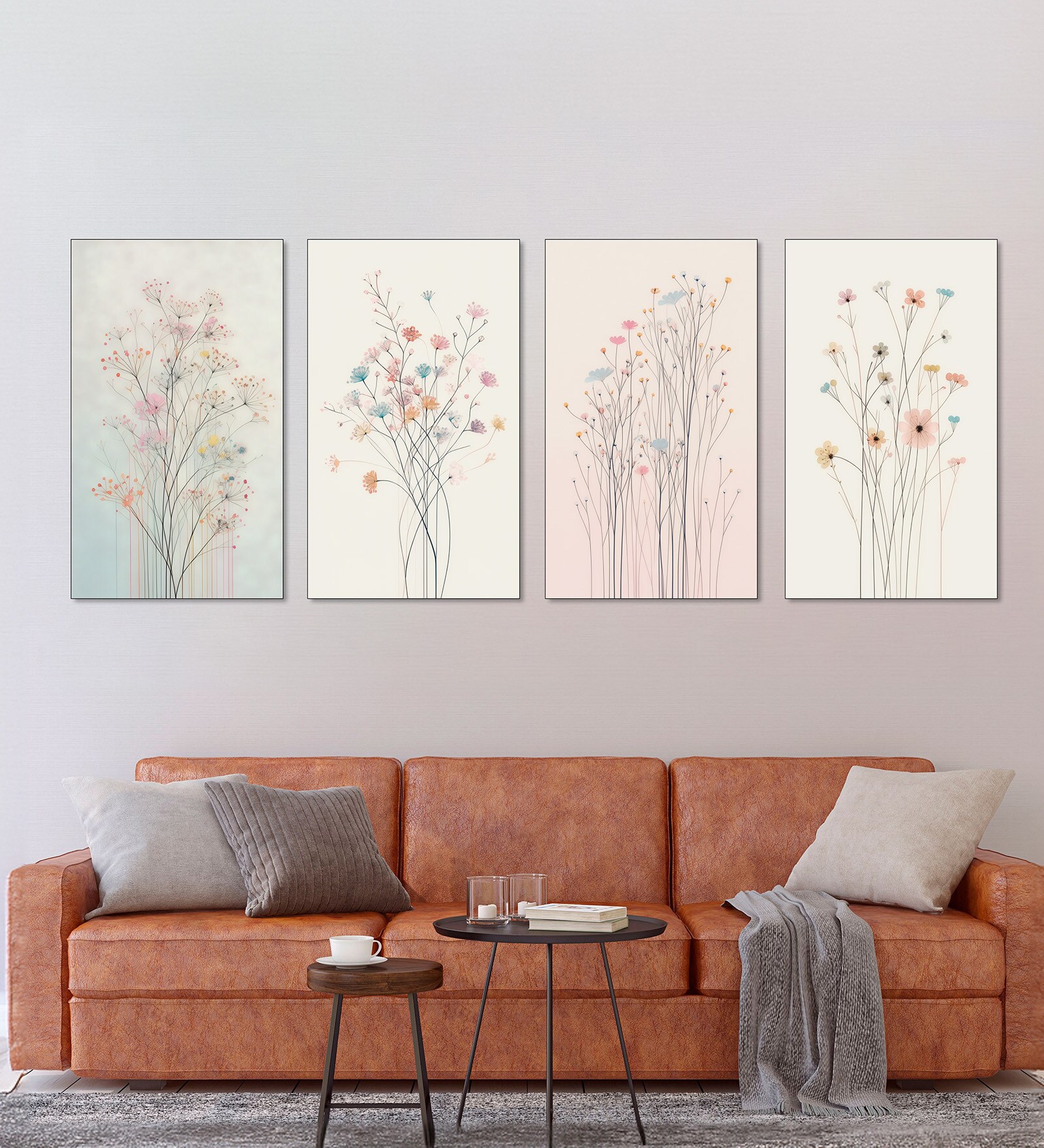 Floral Set of 4 Canvas Wall Painting Black Frame